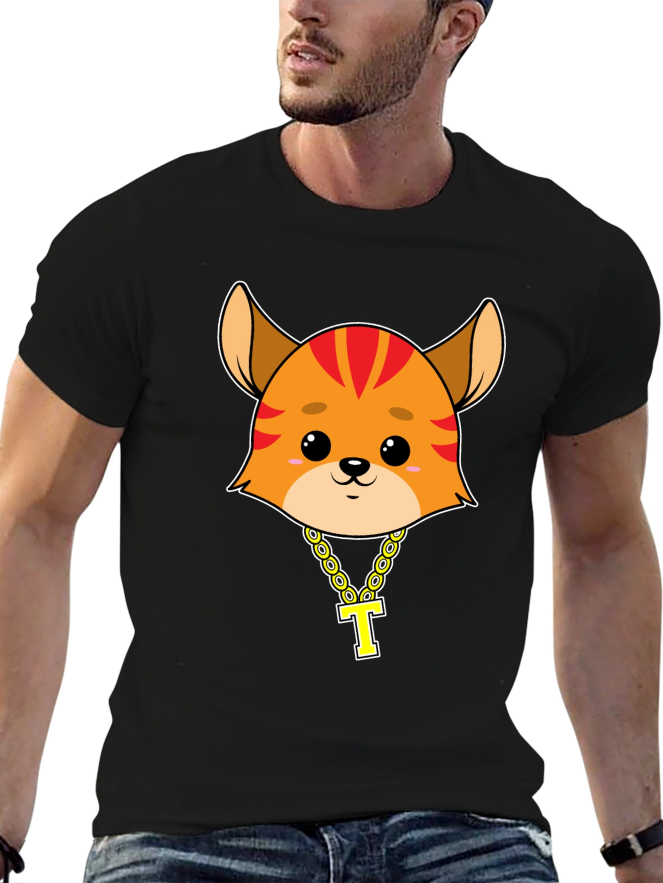 Cartoon Cat with Gold Chain T-Shirt - Black