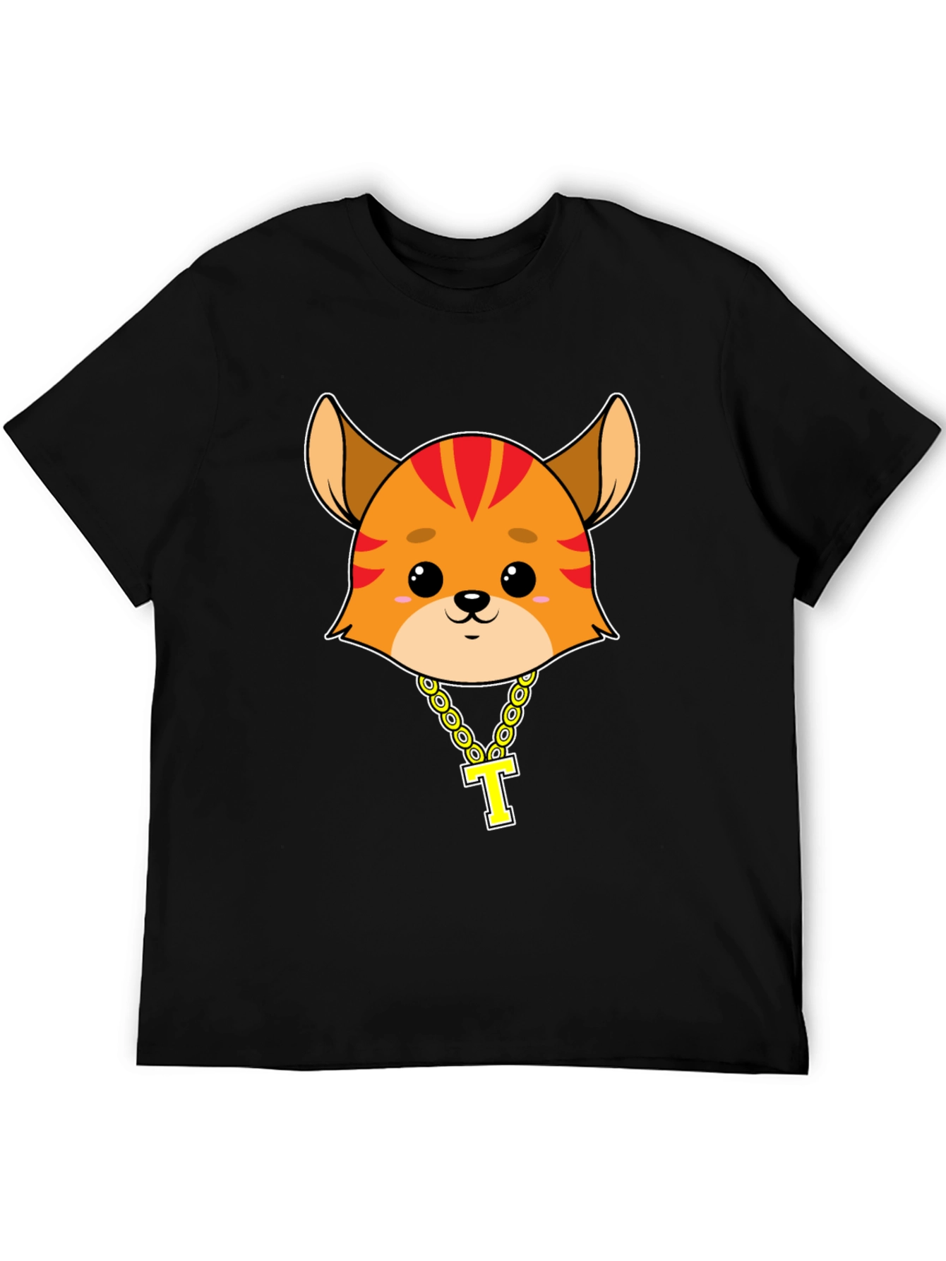 Cartoon Cat with Gold Chain T-Shirt - Black