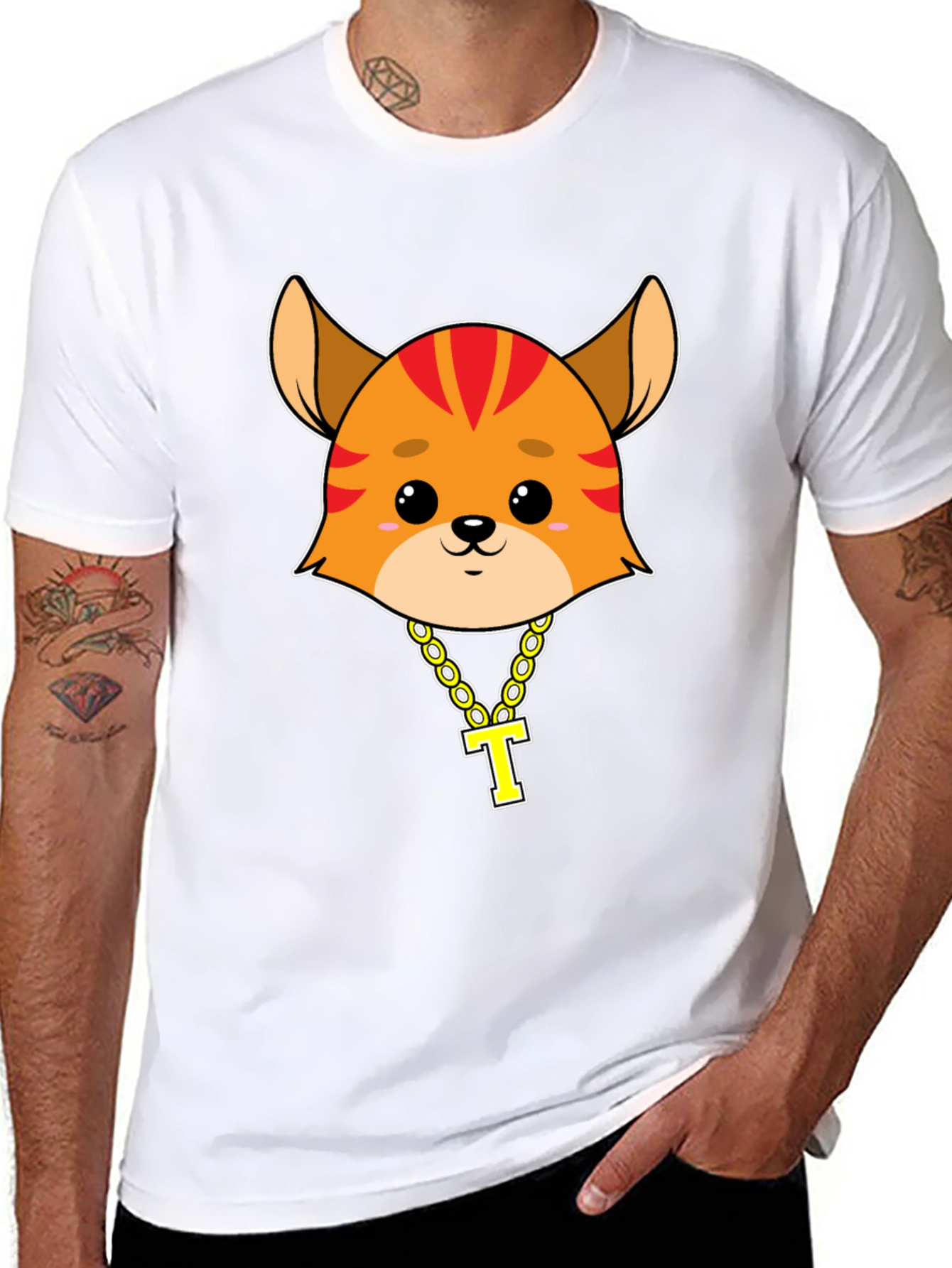 Cartoon Cat with Gold Chain T-Shirt - Black