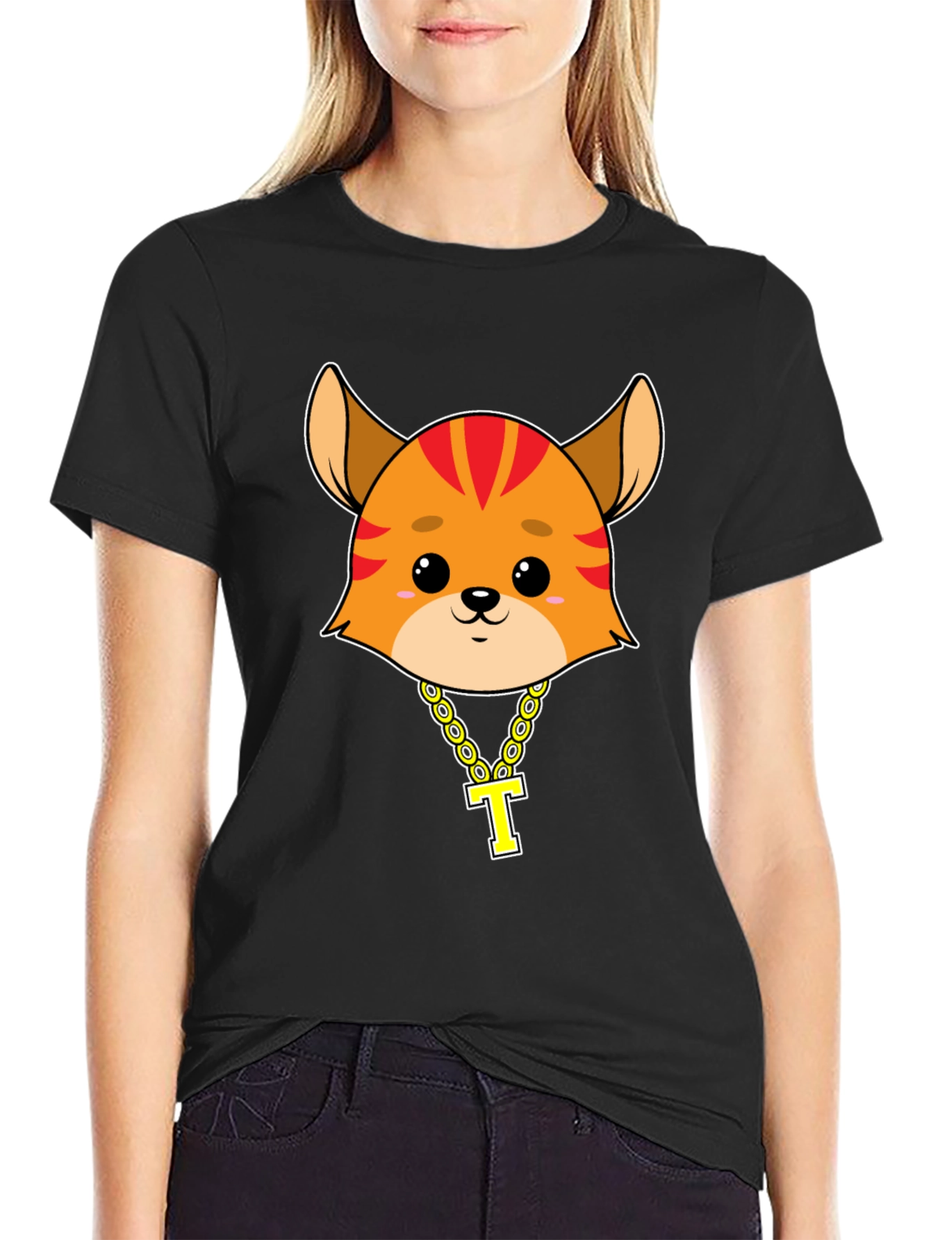 Cartoon Cat with Gold Chain T-Shirt - Black
