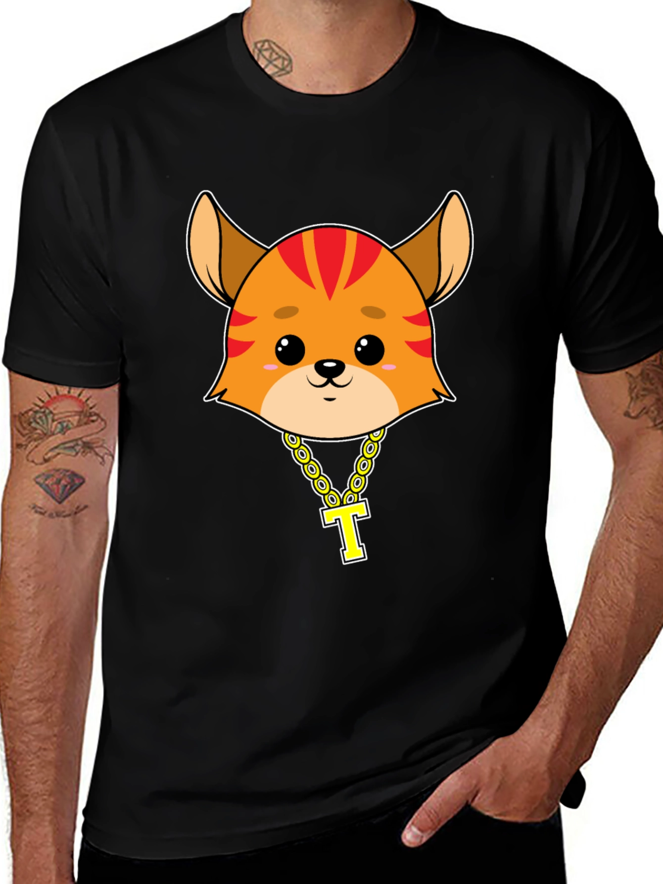 Cartoon Cat with Gold Chain T-Shirt - Black