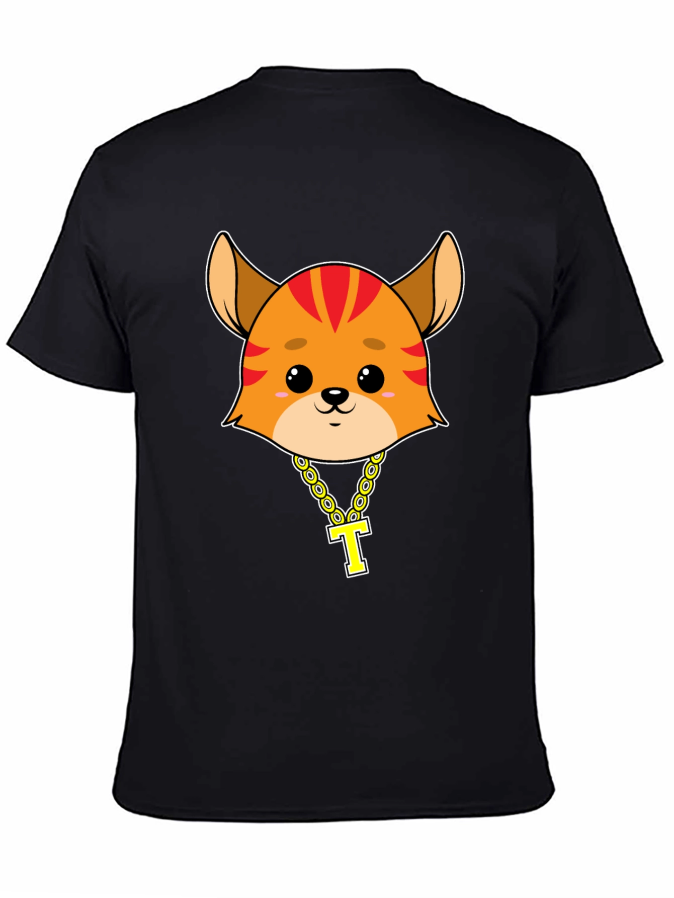Cartoon Cat with Gold Chain T-Shirt - Black