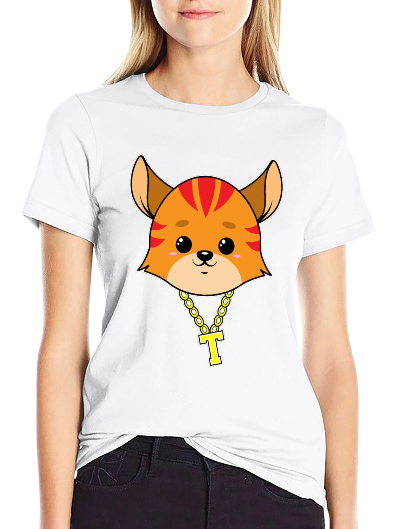 Cartoon Cat with Gold Chain T-Shirt - Black