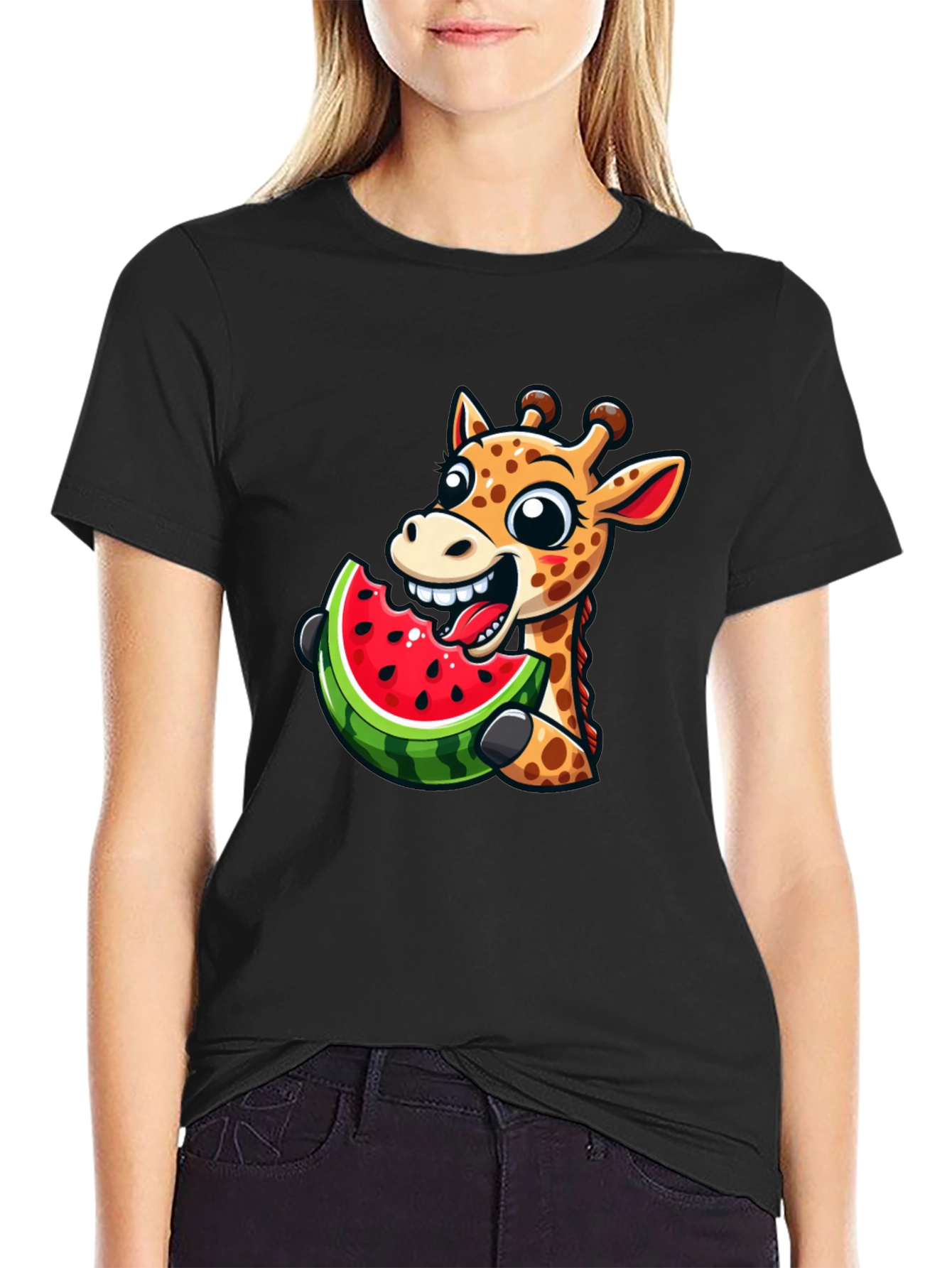 Giraffe Eating Watermelon Graphic T-Shirt