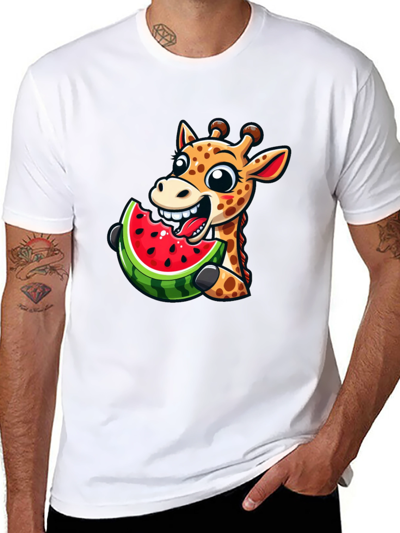 Giraffe Eating Watermelon Graphic T-Shirt