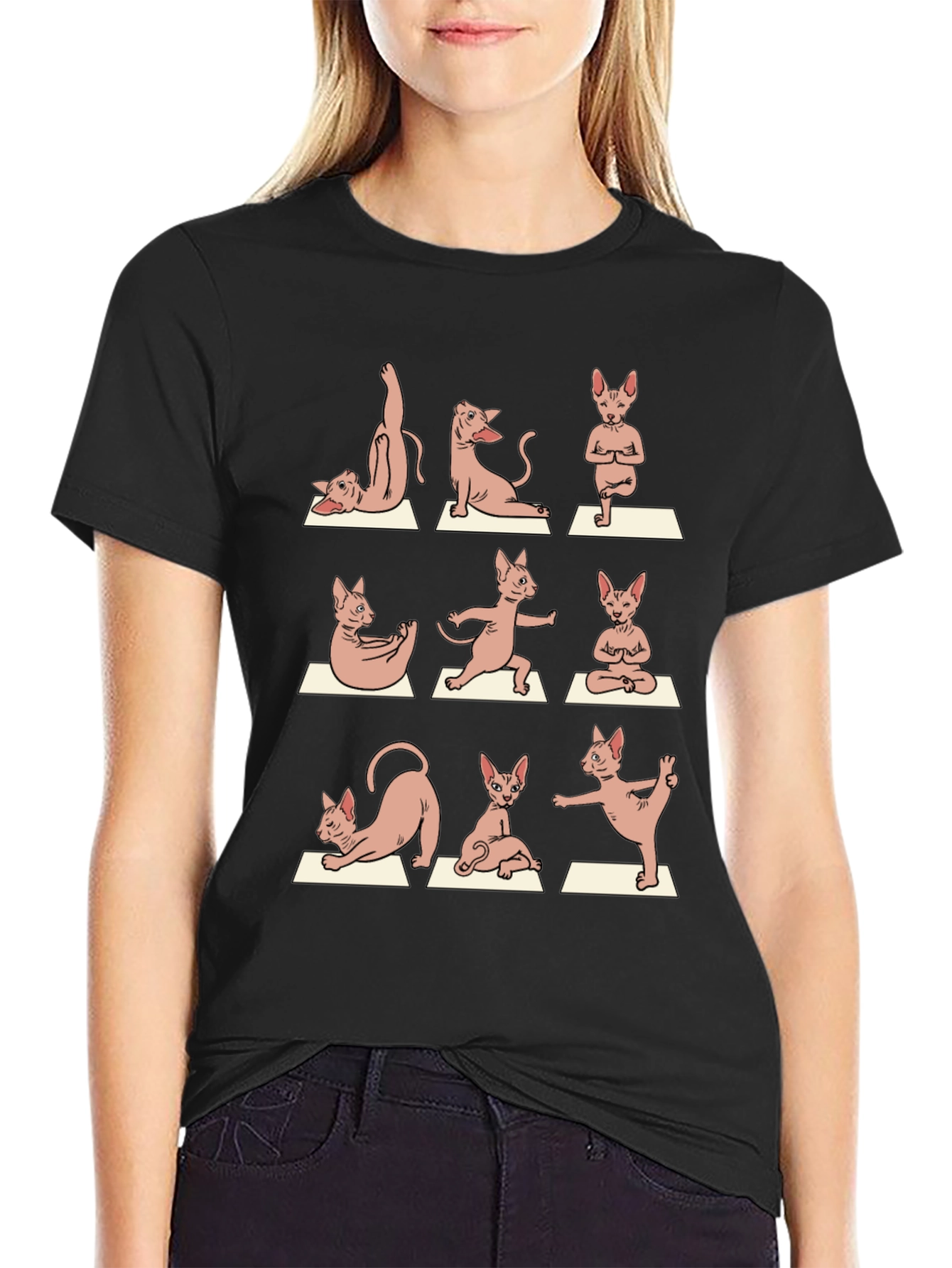 Yoga Cat Graphic Tee - Black Cotton T-Shirt