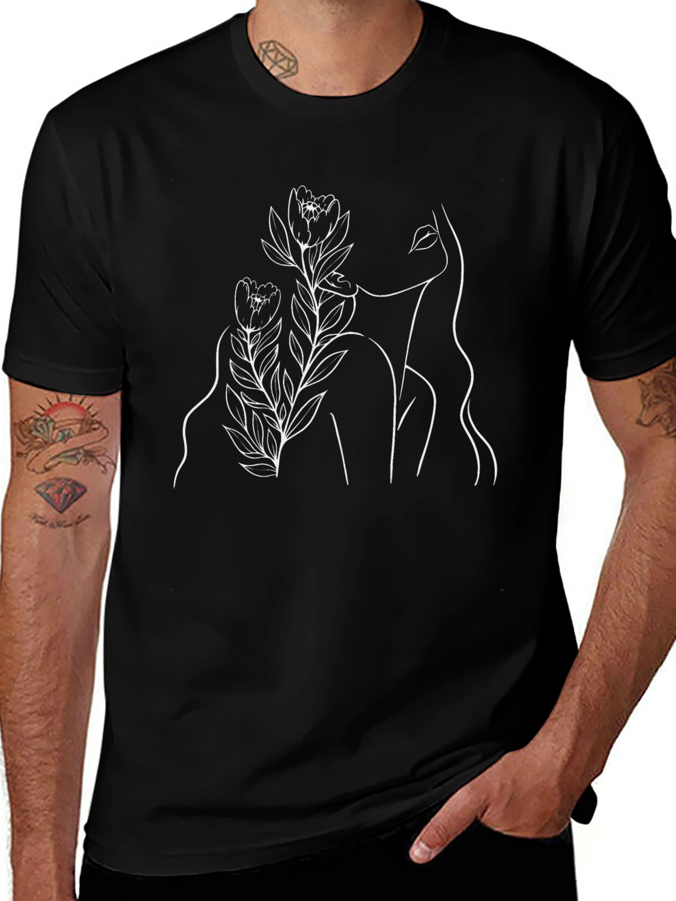 Minimalist Floral Woman Black T-Shirt