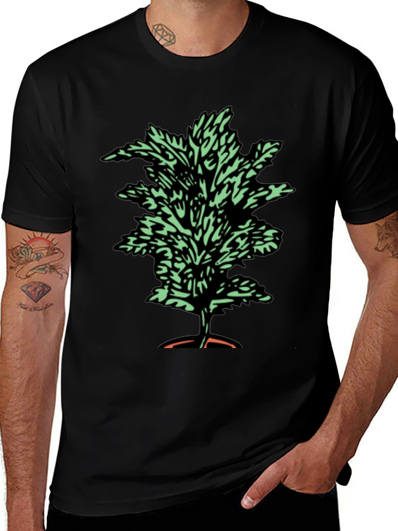 Botanical Print Tee - Black Cotton T-Shirt