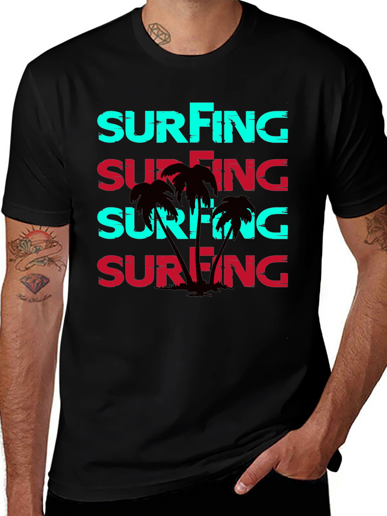 Surfing Graphic Print Black T-Shirt