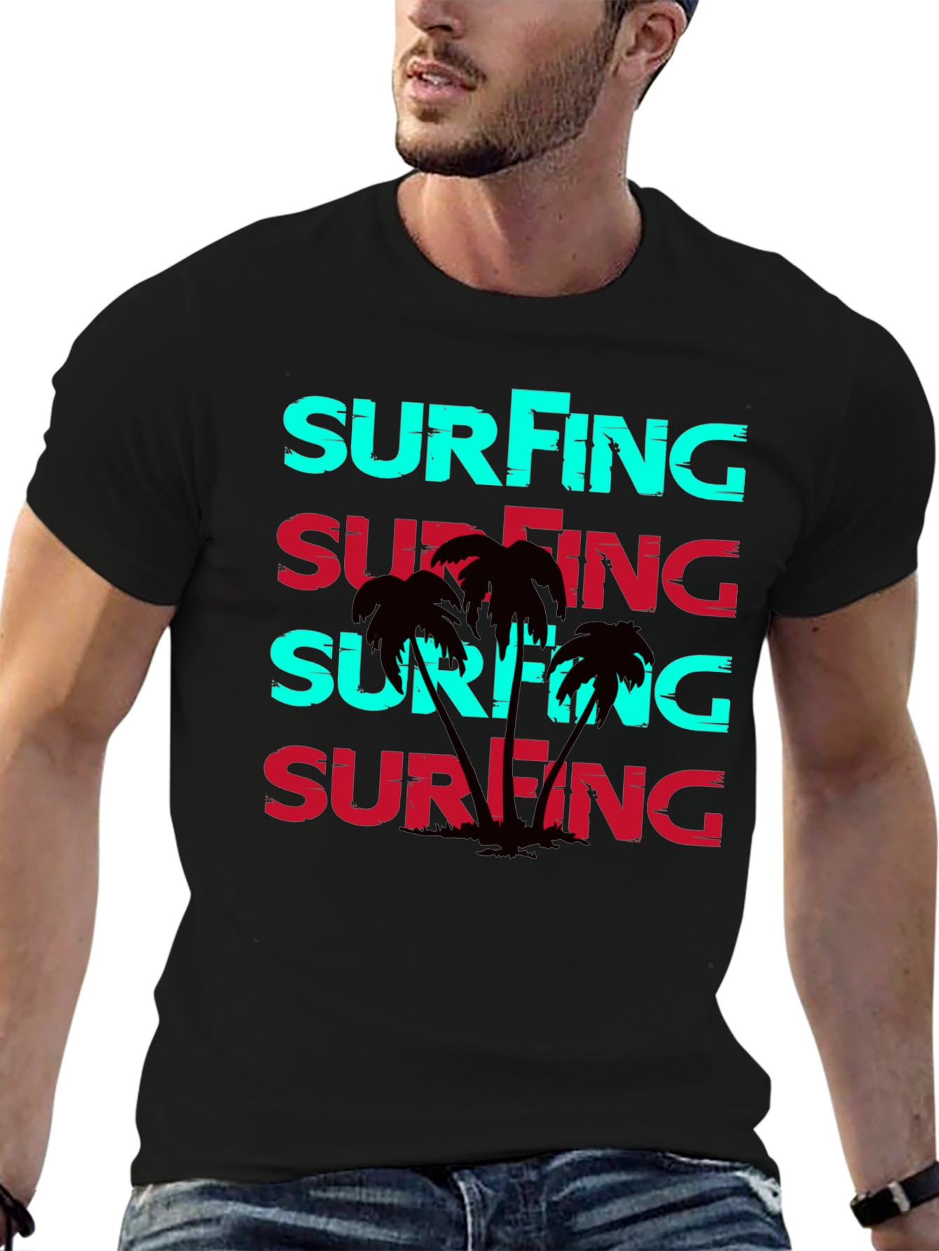 Surfing Graphic Print Black T-Shirt