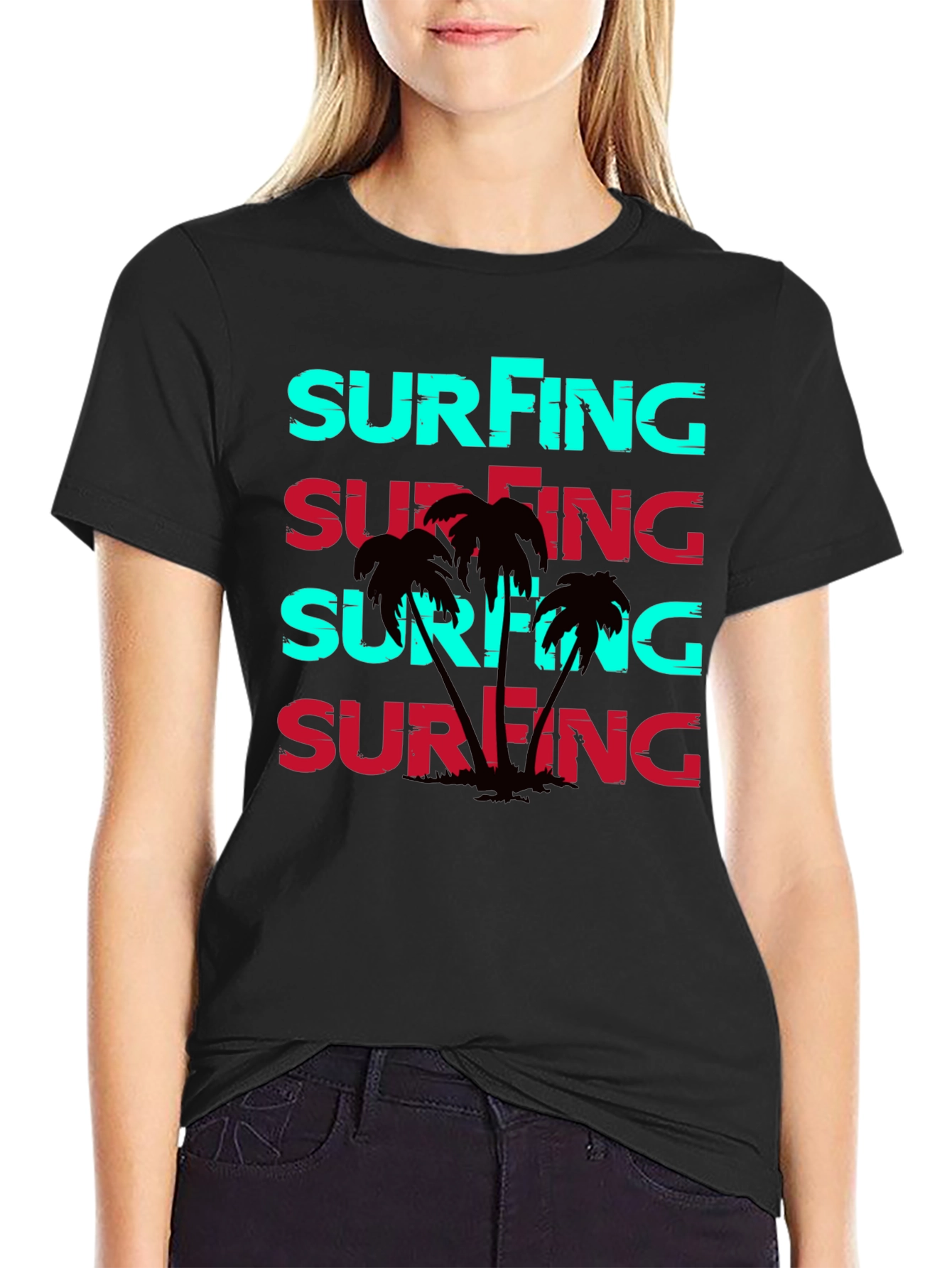 Surfing Graphic Print Black T-Shirt