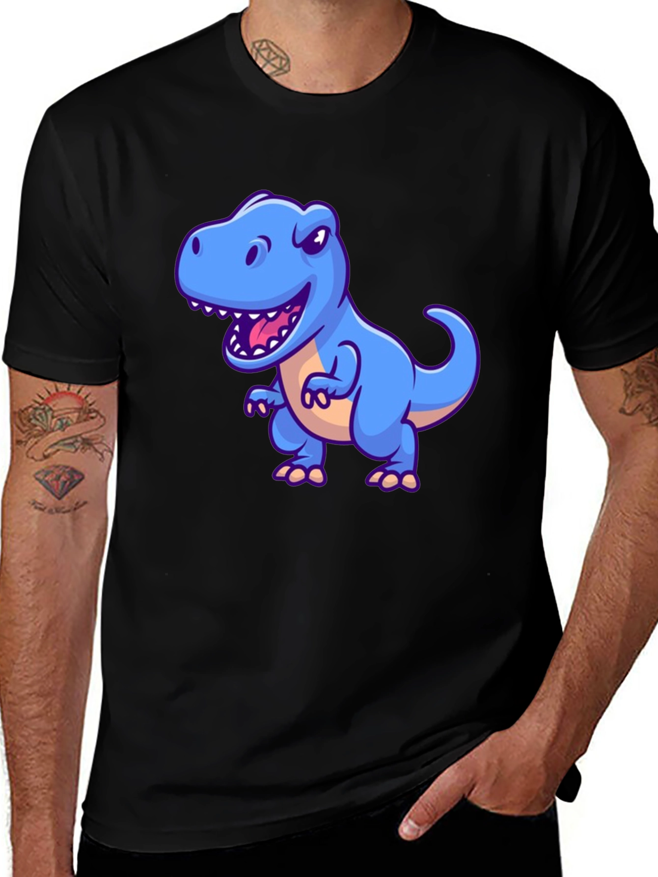 Dino Graphic Tee - Cartoon T-Rex Print Black T-Shirt