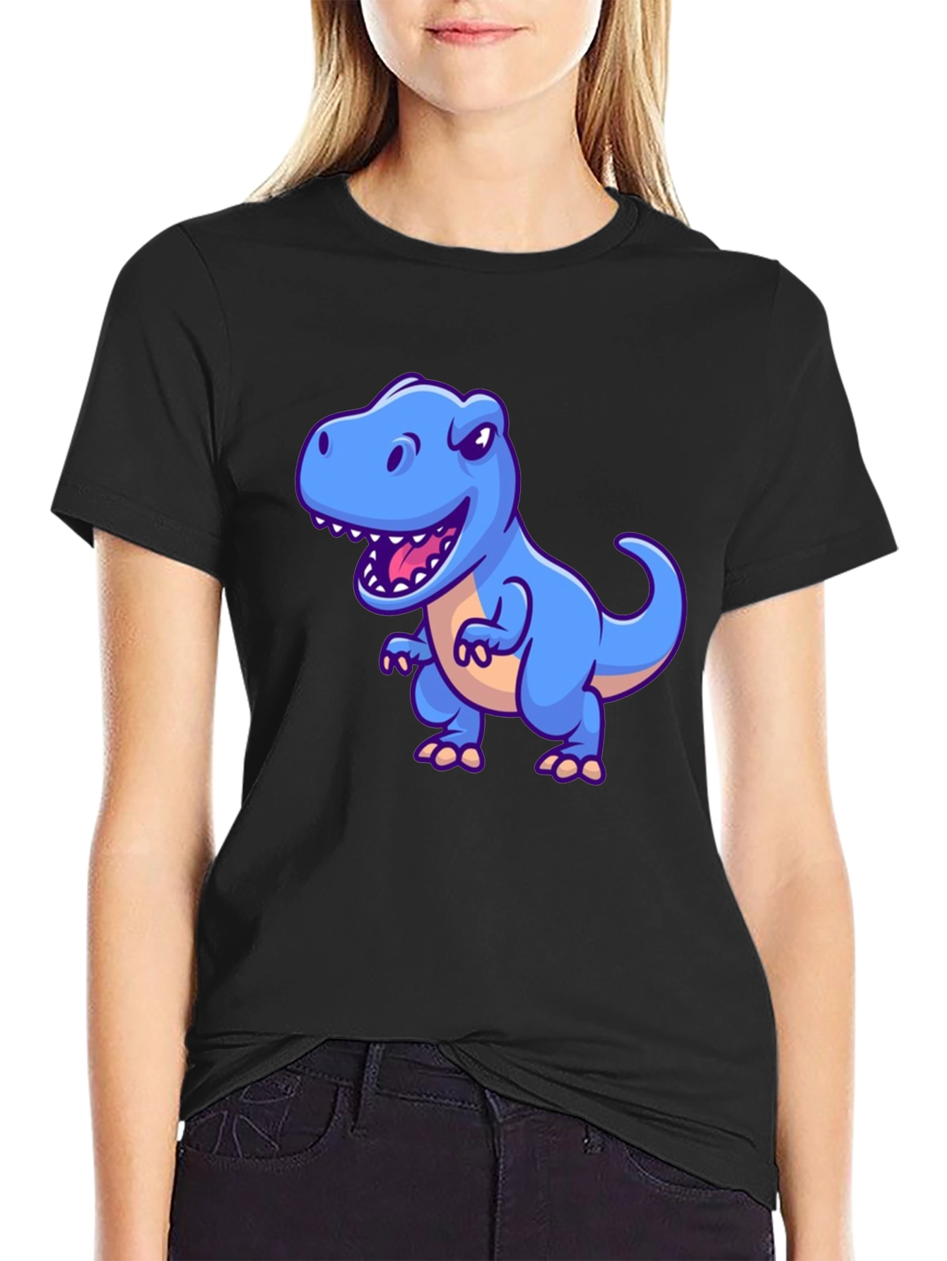 Dino Graphic Tee - Cartoon T-Rex Print Black T-Shirt