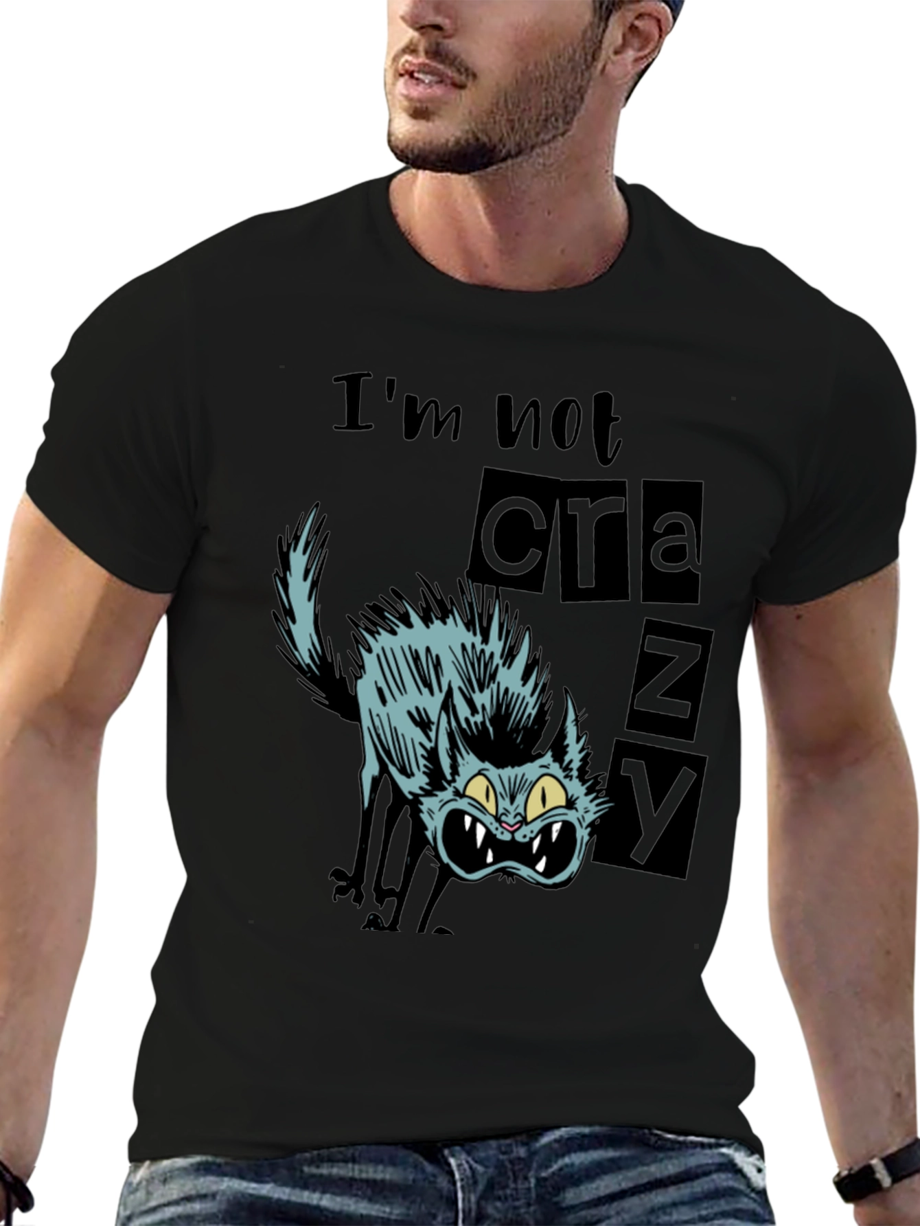 Crazy Cat Graphic Tee - Mens Black T-Shirt