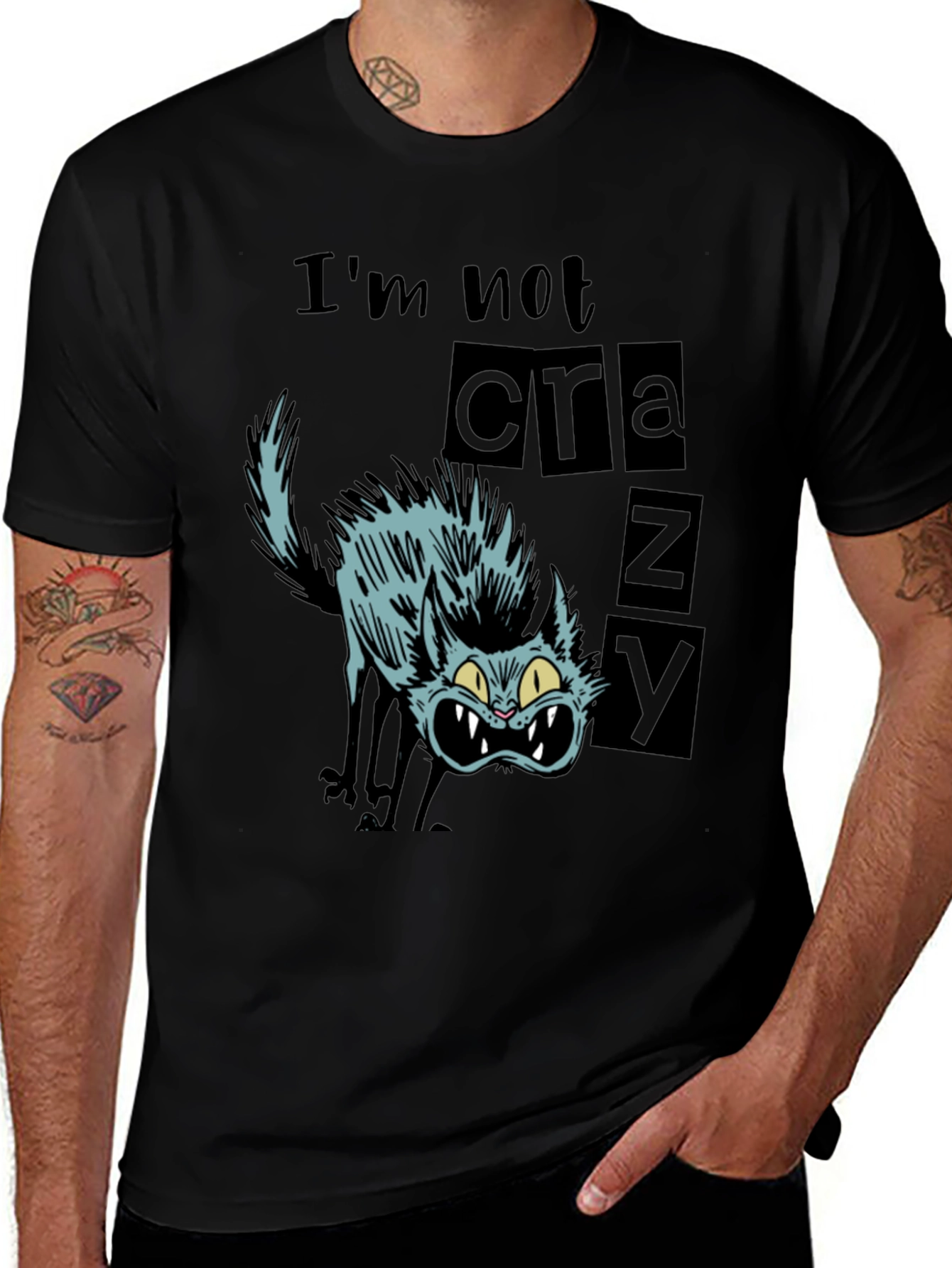 Crazy Cat Graphic Tee - Mens Black T-Shirt