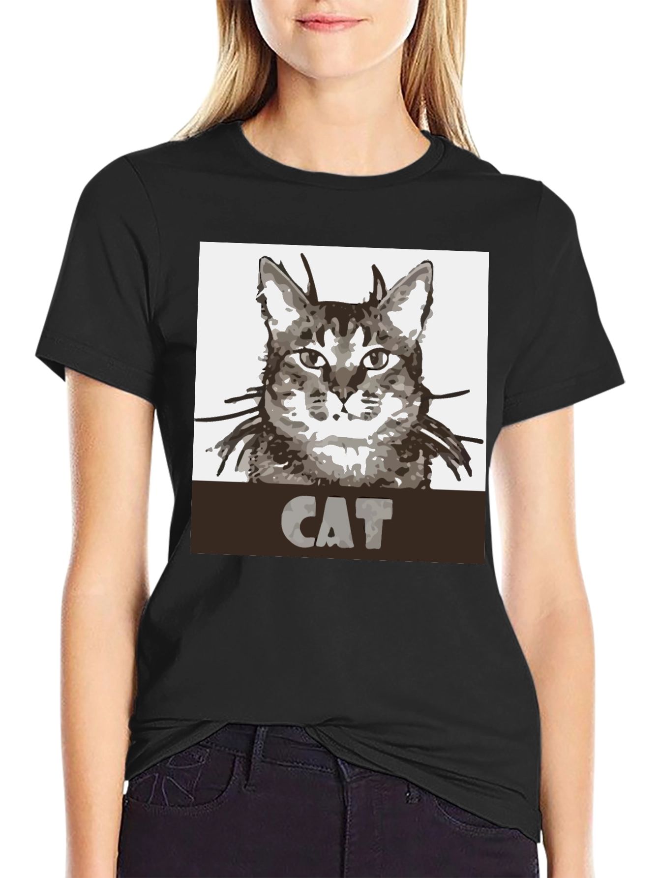 Cat Graphic Print Black T-Shirt