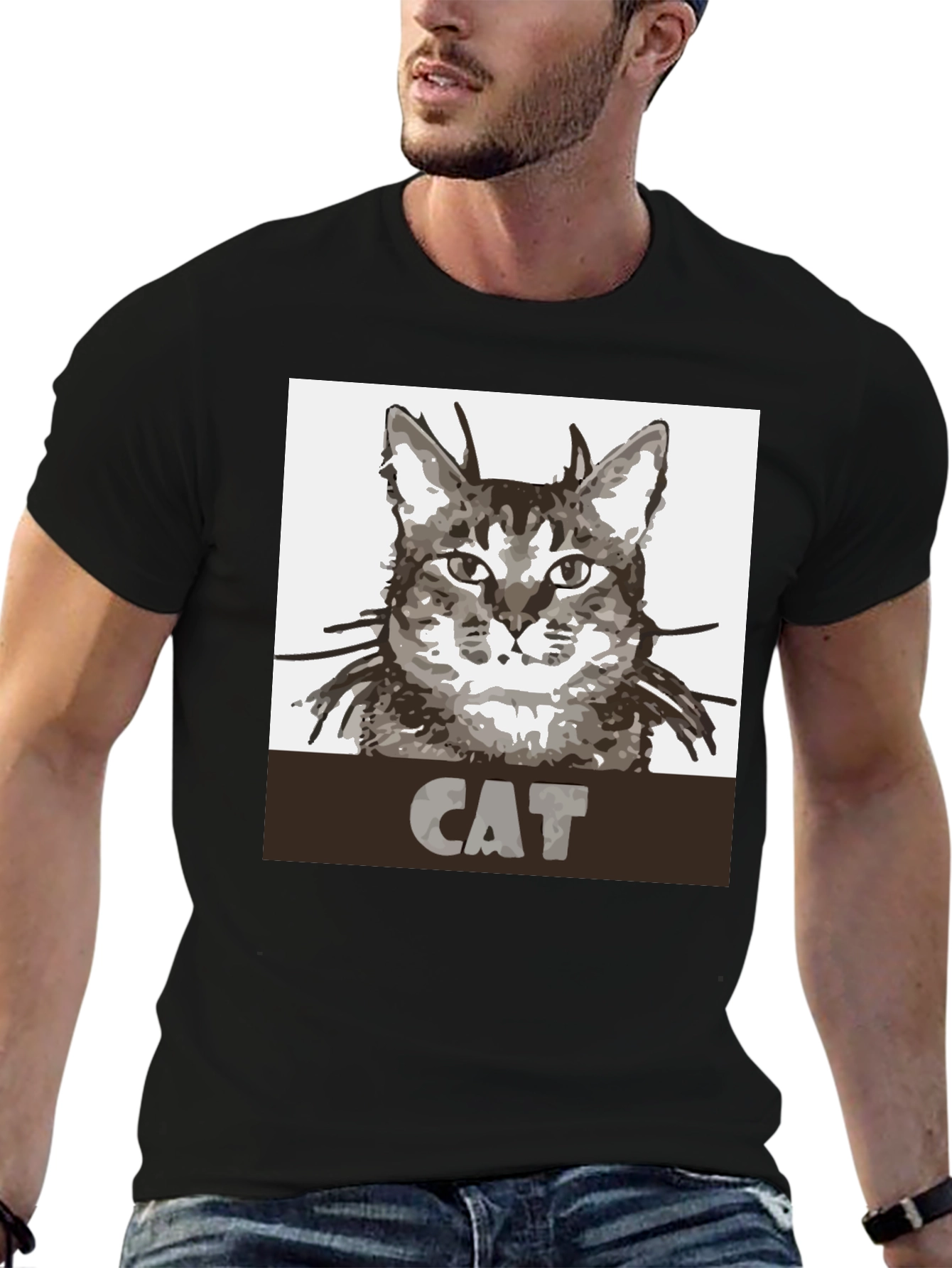 Cat Graphic Print Black T-Shirt