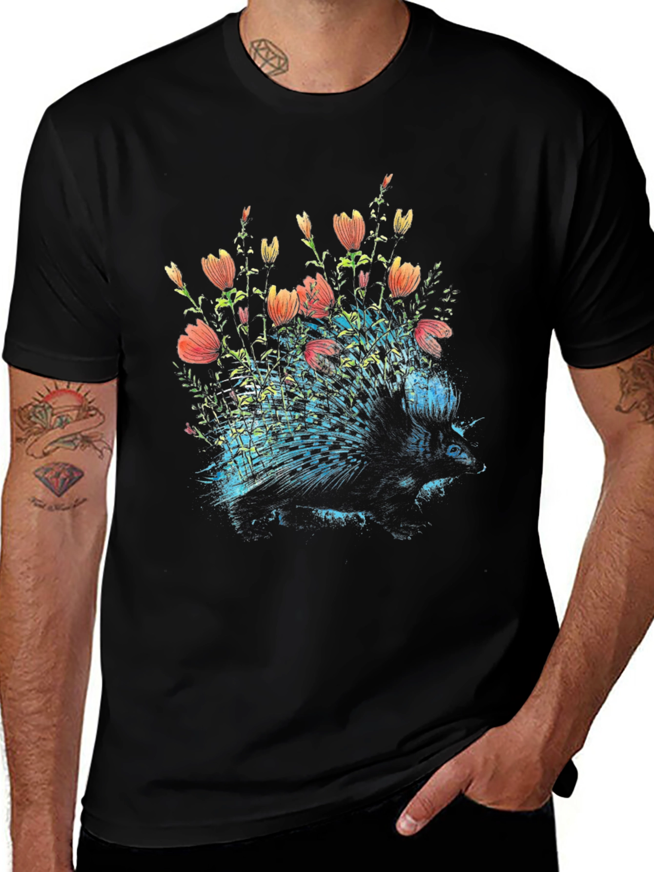 Floral Porcupine Graphic Tee - Black