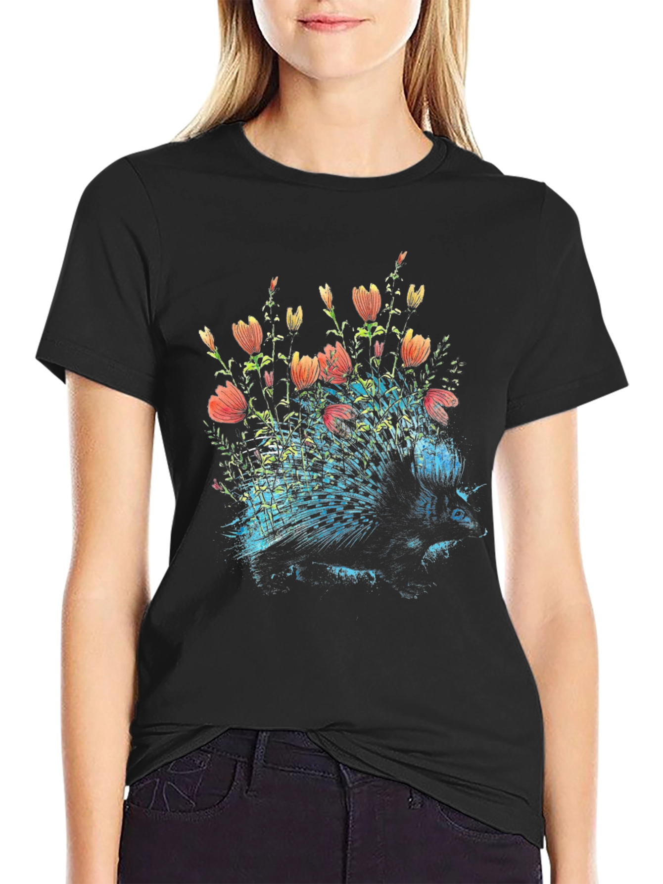 Floral Porcupine Graphic Tee - Black