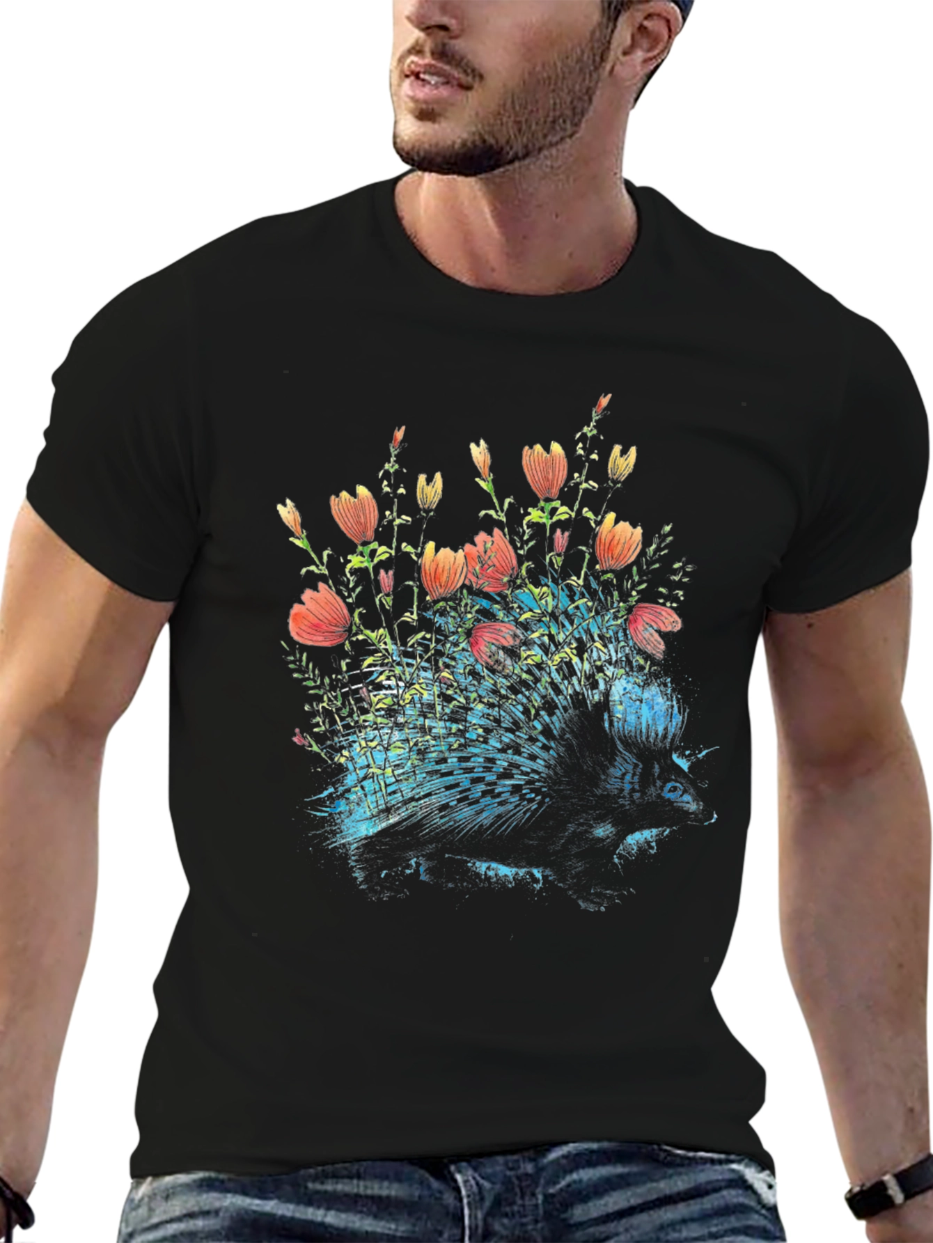 Floral Porcupine Graphic Tee - Black