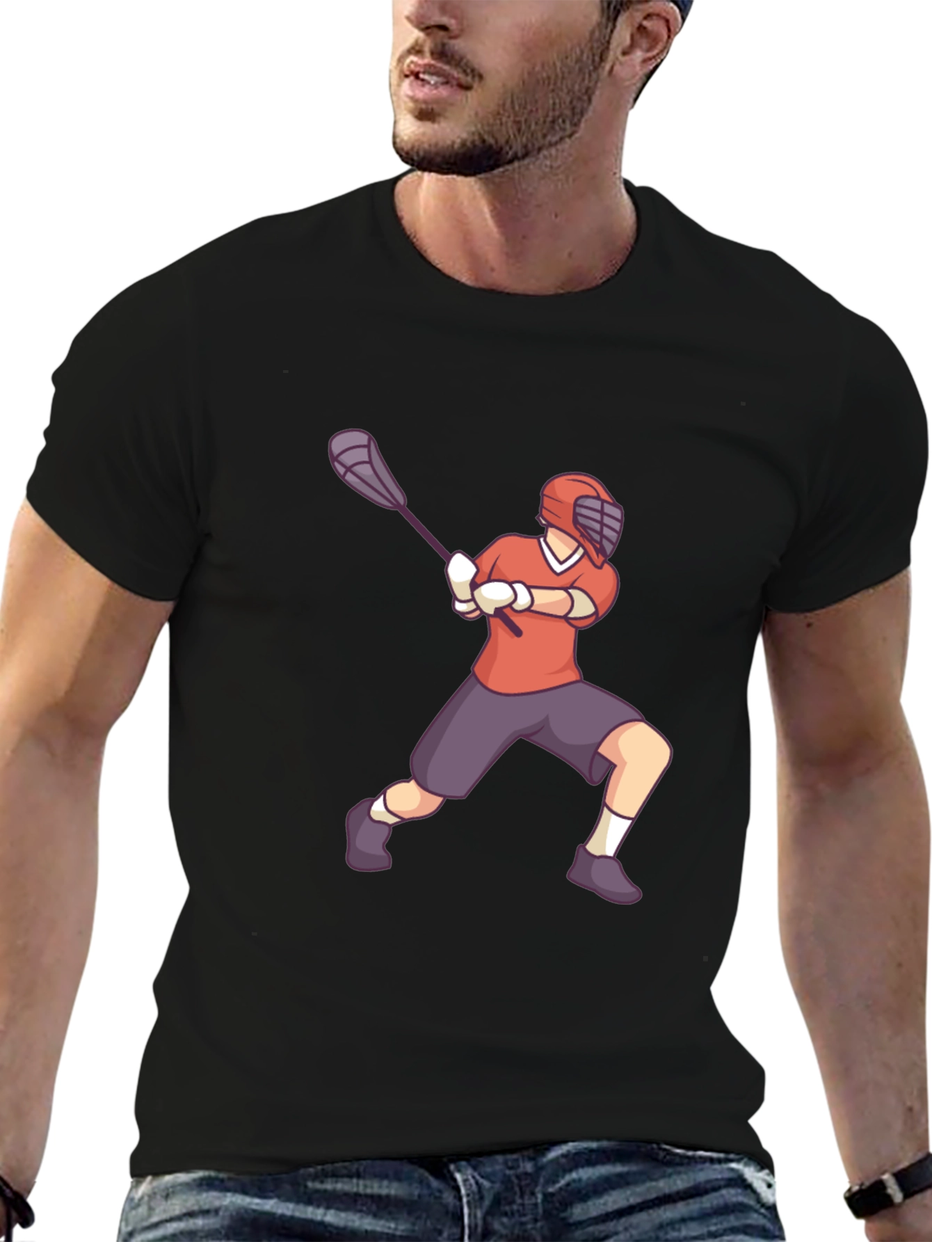 Lacrosse Player Graphic Tee - Black Cotton Shirt