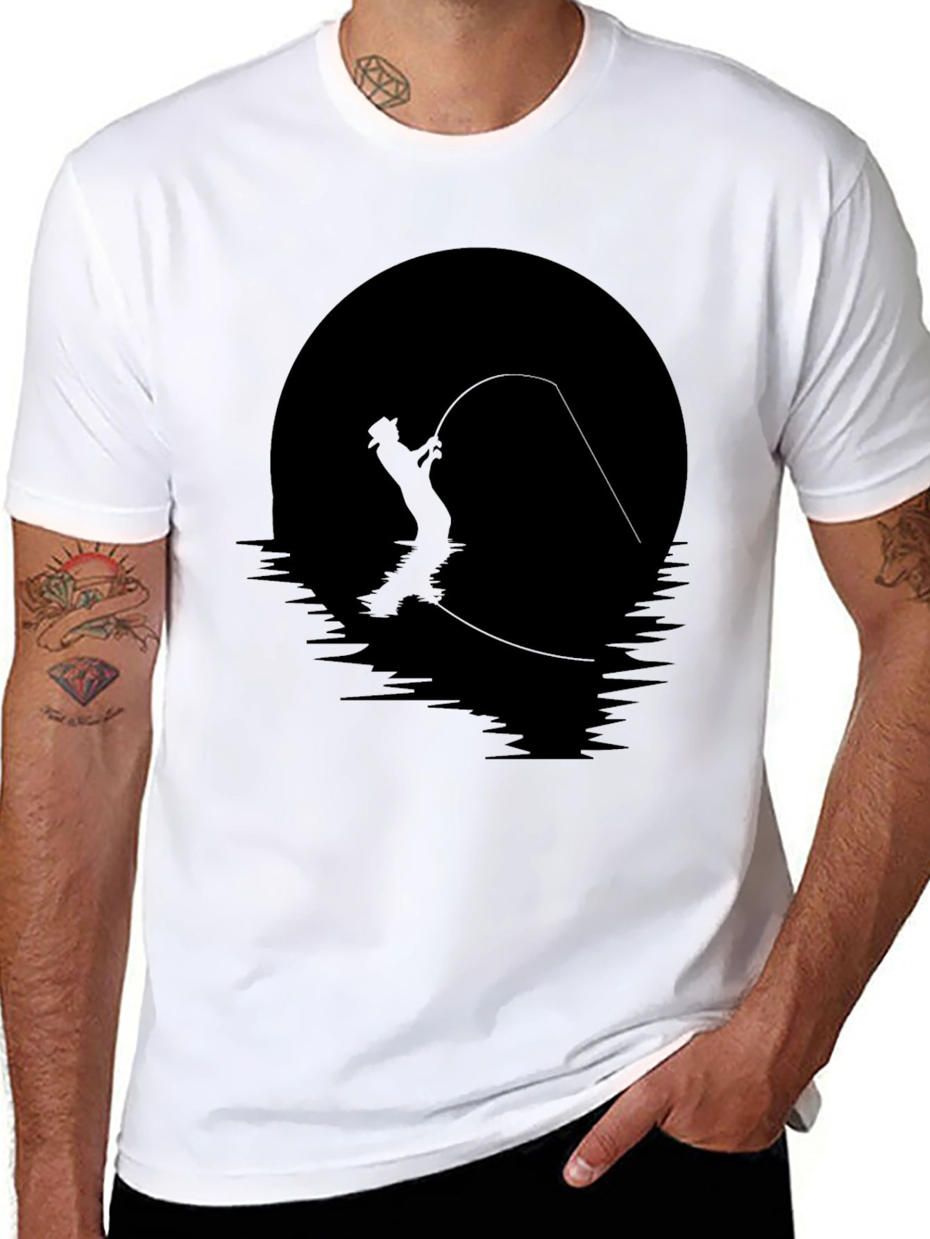 Fly Fishing Silhouette Graphic Tee - Black Cotton Shirt