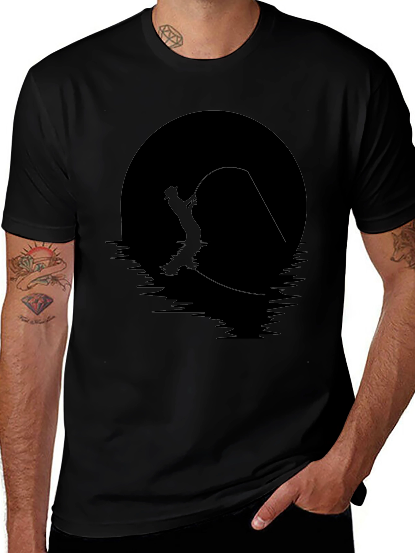 Fly Fishing Silhouette Graphic Tee - Black Cotton Shirt