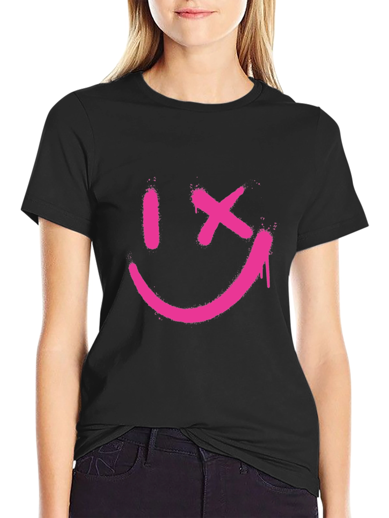 Edgy Smiley Face Graphic Tee - Black