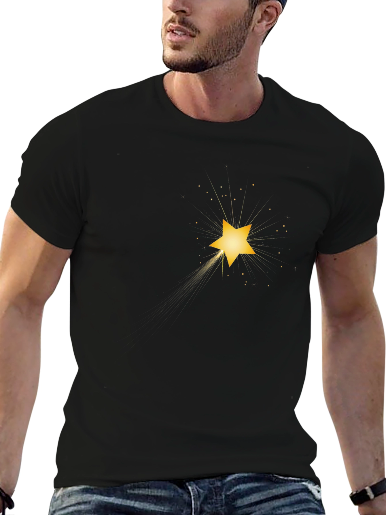 Mens Black T-Shirt with Shining Star Graphic