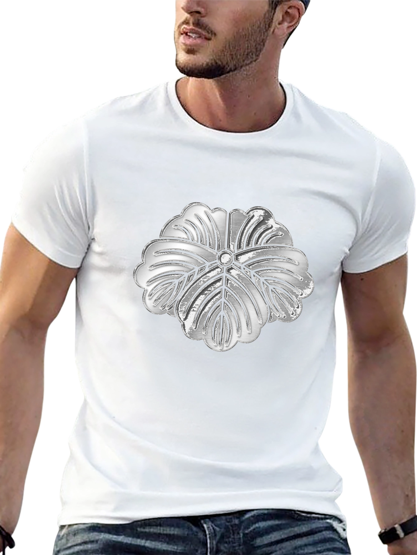 Silver Floral Graphic Print Black T-Shirt
