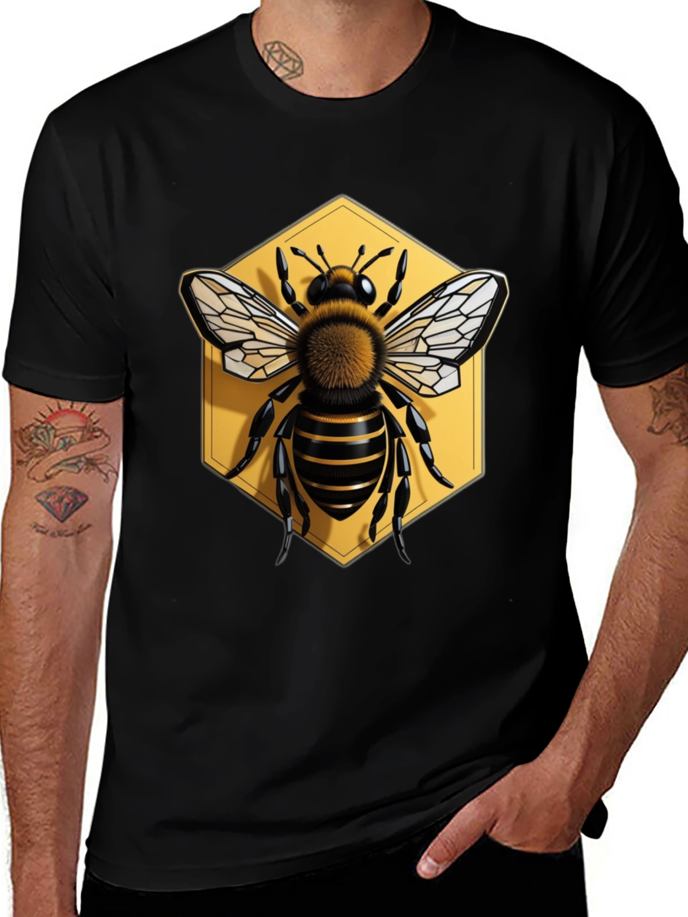 Honeycomb Bee Graphic Tee - Black Cotton Blend