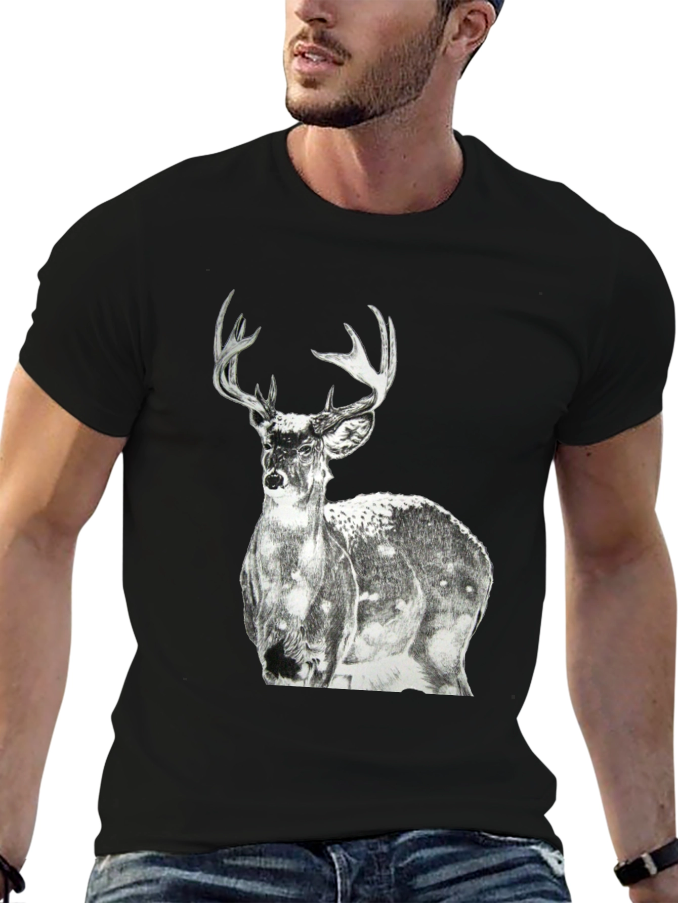 Deer Graphic Print Mens Black T-Shirt