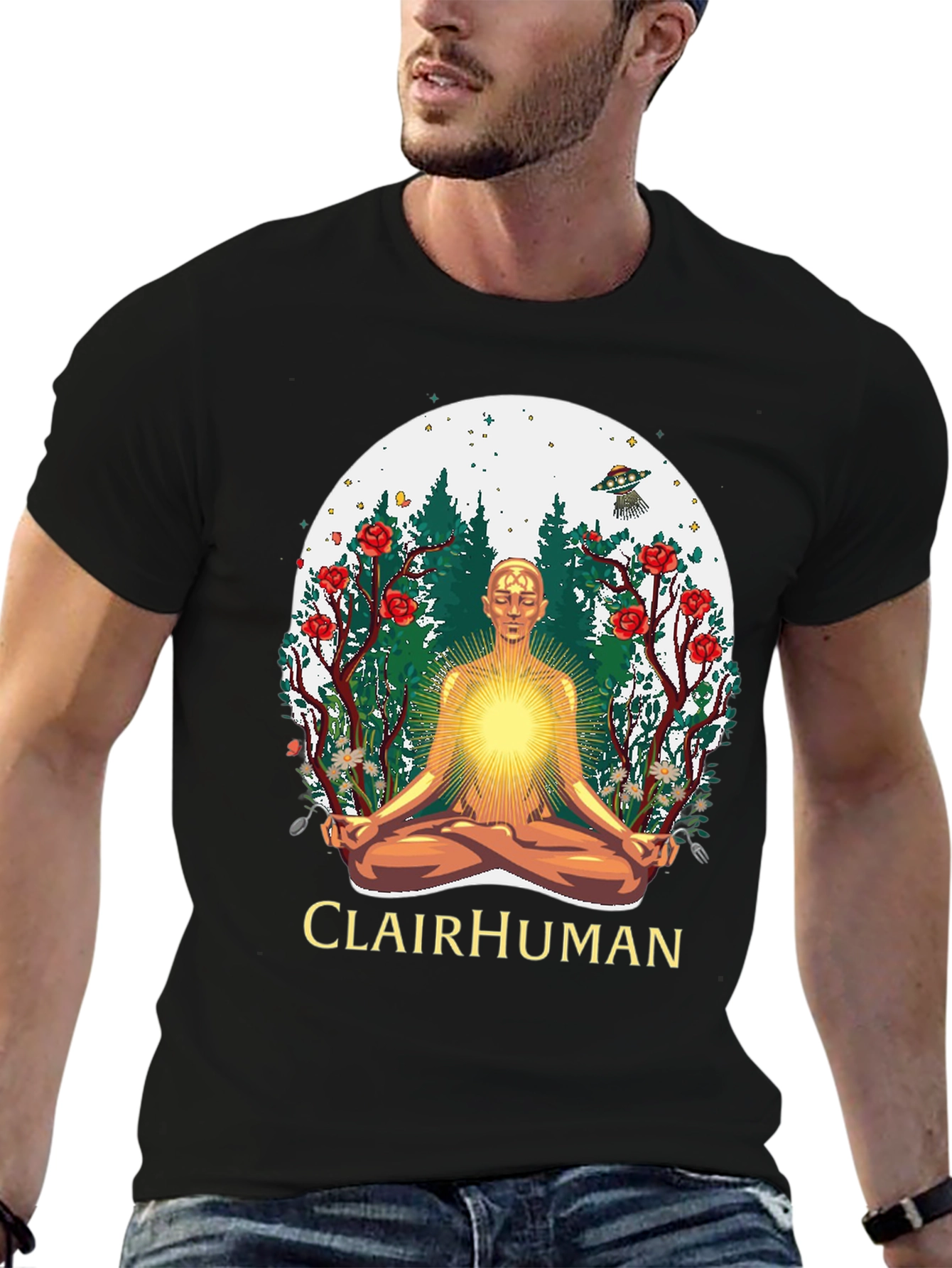 Clairhuman Graphic T-Shirt - Meditating Man UFO