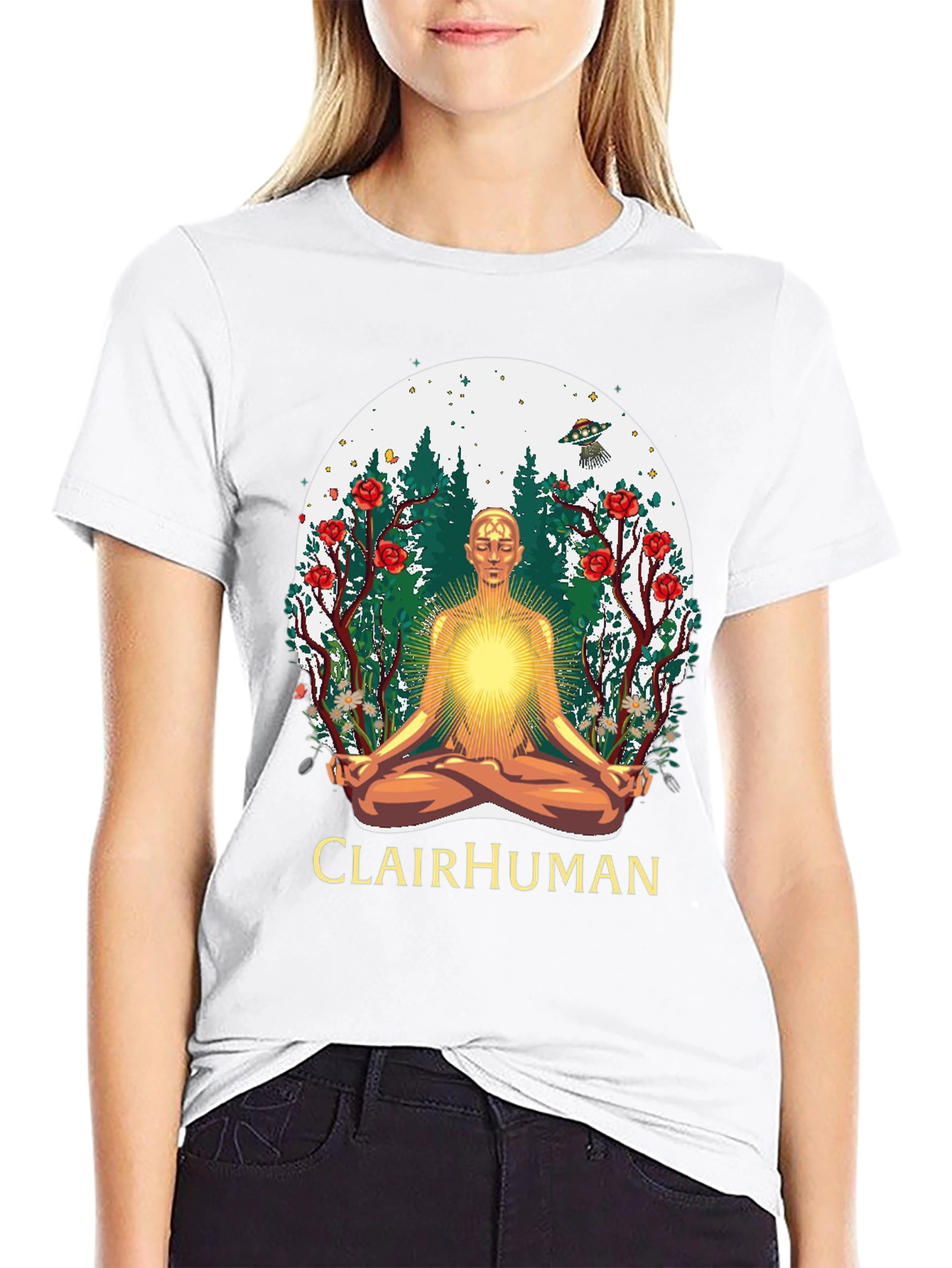Clairhuman Graphic T-Shirt - Meditating Man UFO