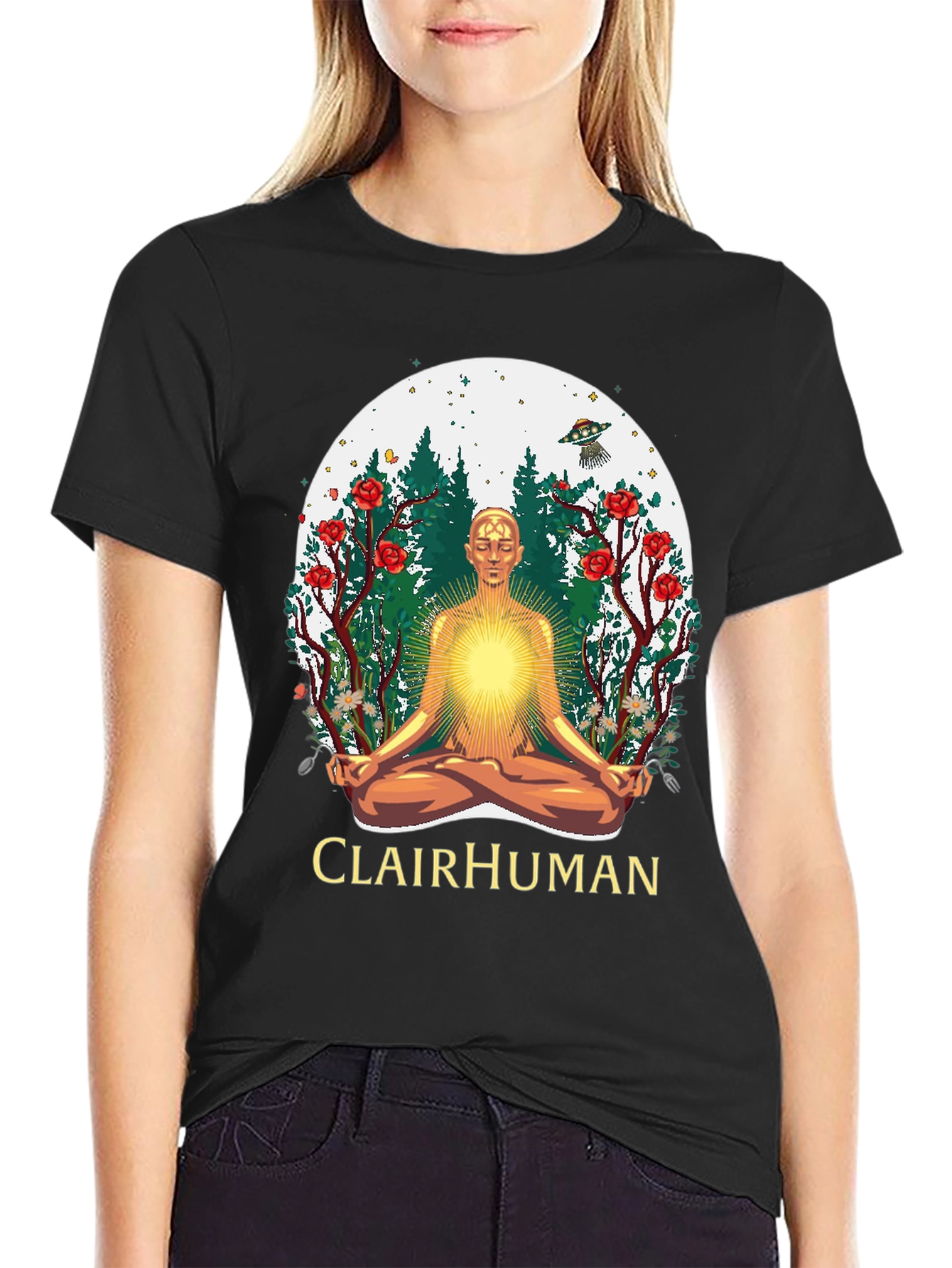 Clairhuman Graphic T-Shirt - Meditating Man UFO