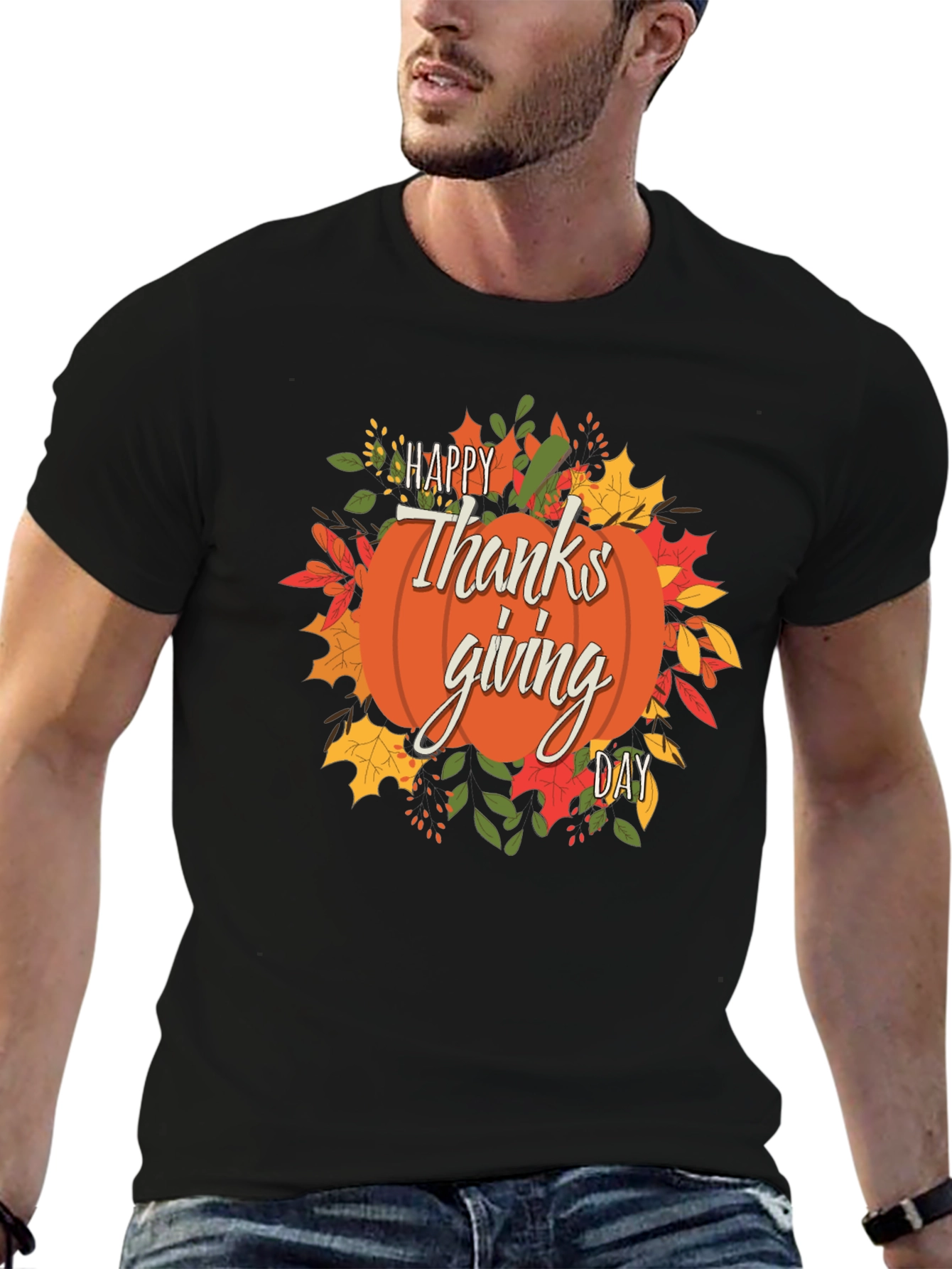 Happy Thanksgiving Day Pumpkin Graphic Tee - Black