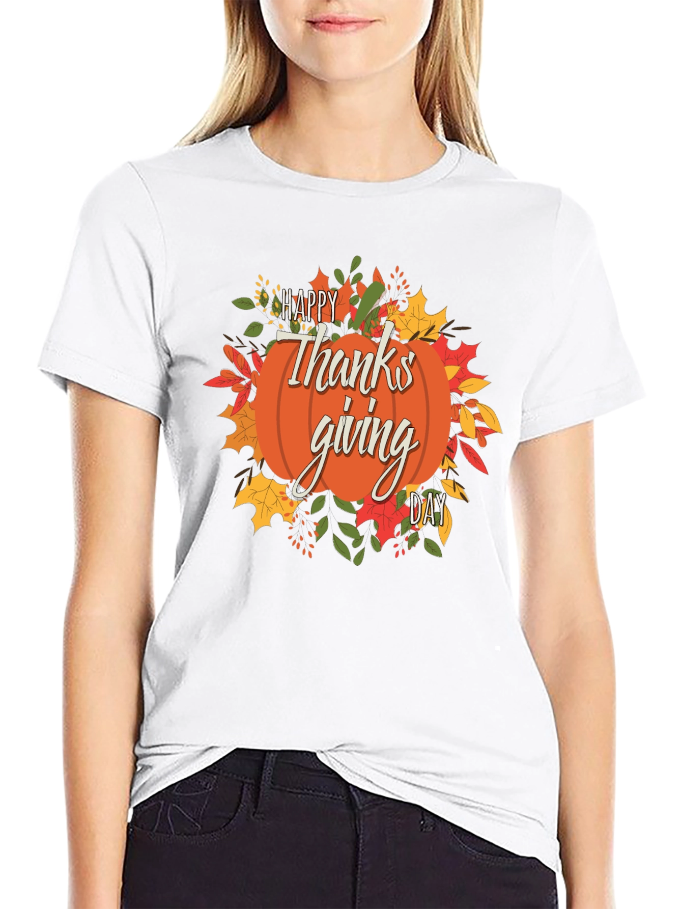 Happy Thanksgiving Day Pumpkin Graphic Tee - Black