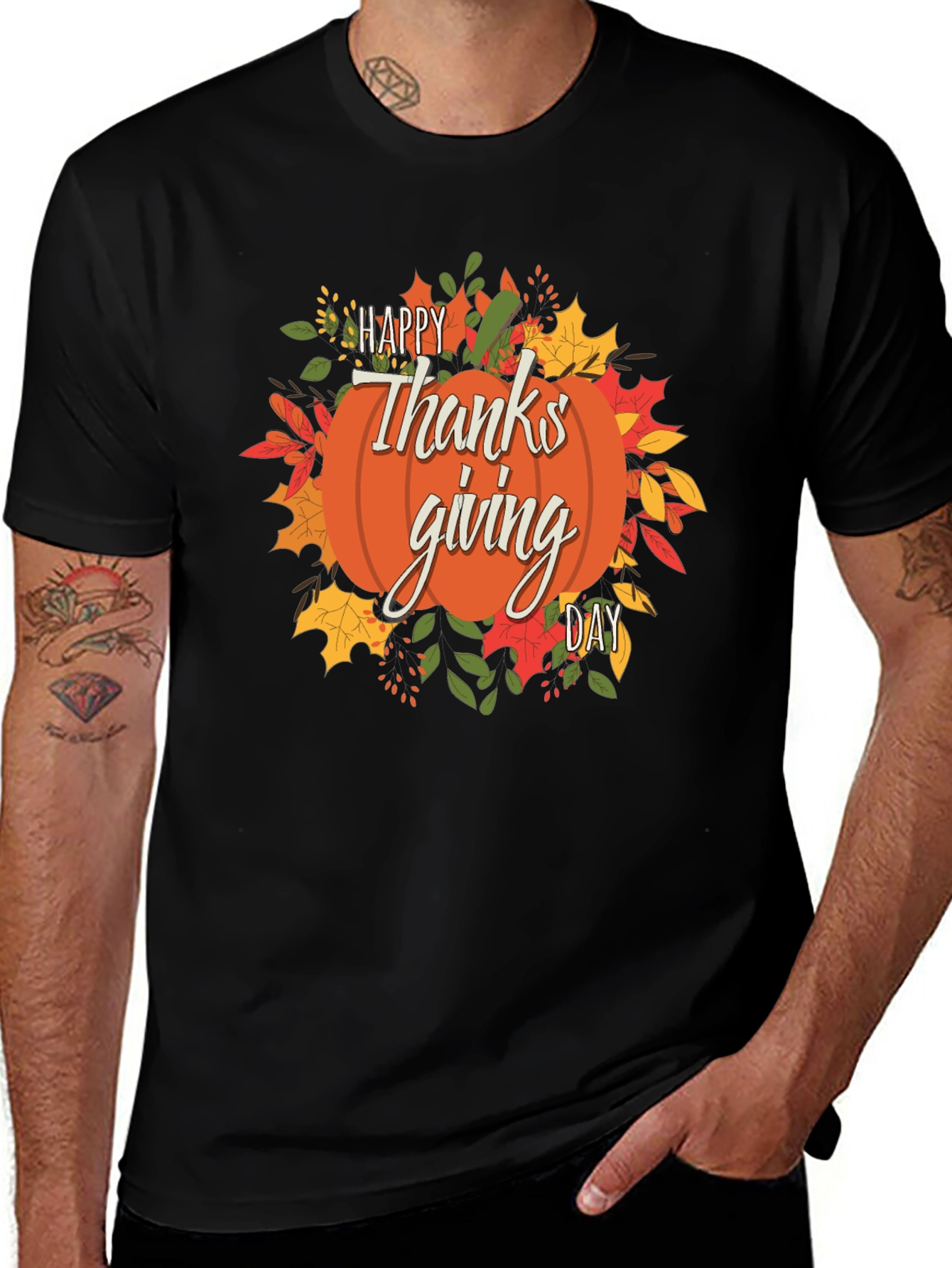 Happy Thanksgiving Day Pumpkin Graphic Tee - Black