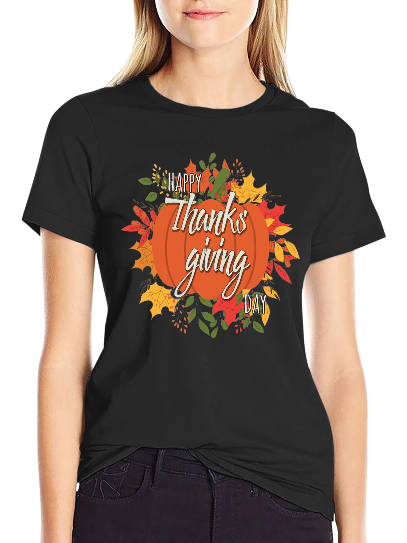 Happy Thanksgiving Day Pumpkin Graphic Tee - Black