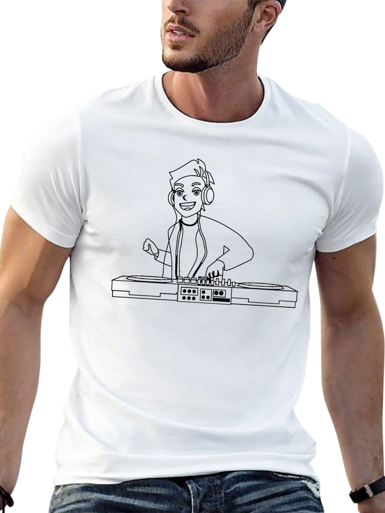 DJ Cartoon Outline T-Shirt - Black