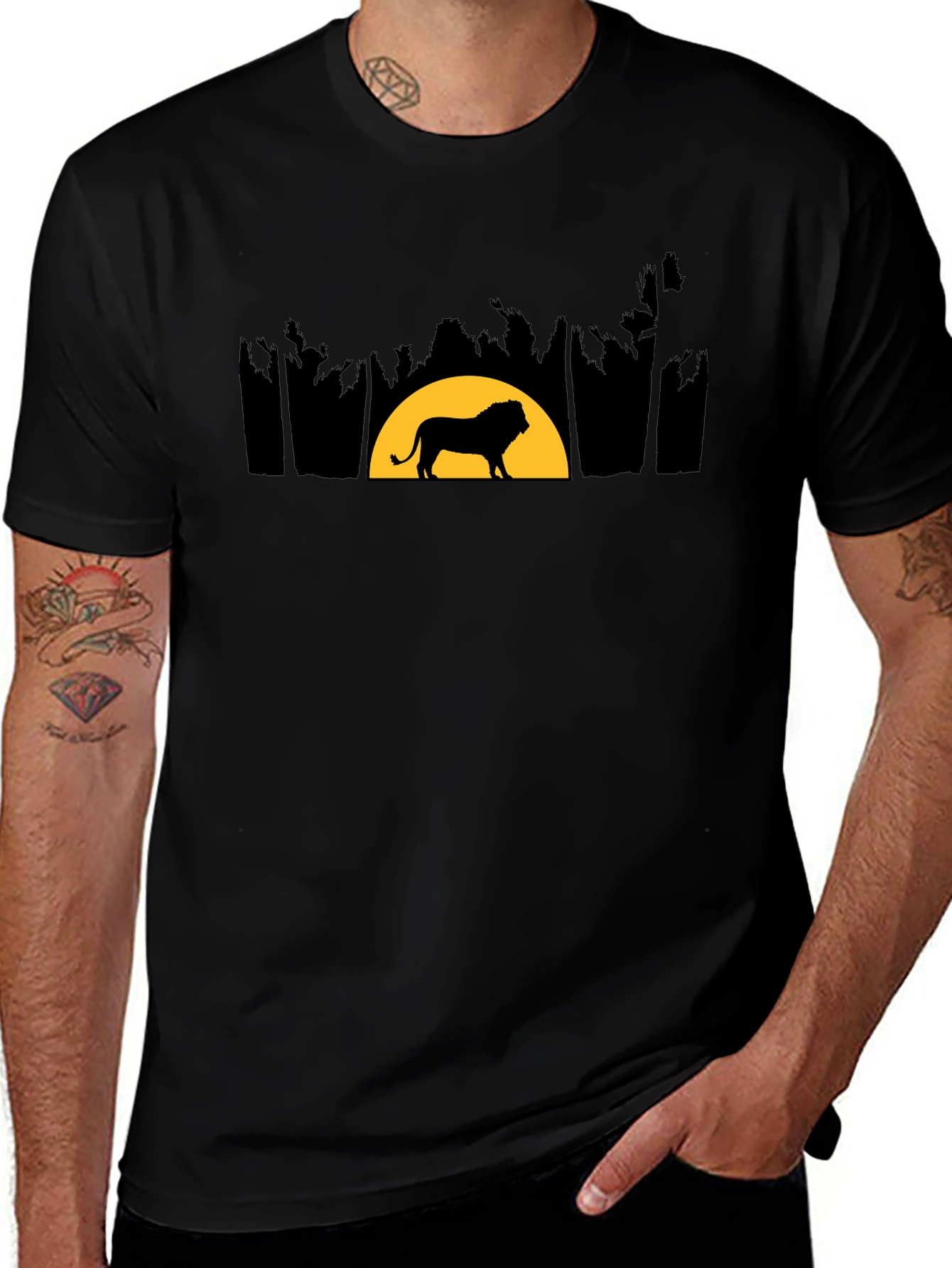Lion Sunset Graphic Tee - Black Cotton Shirt