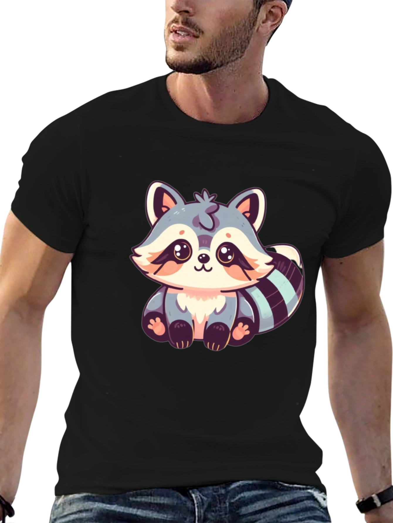 Cute Raccoon Graphic Print Black T-Shirt