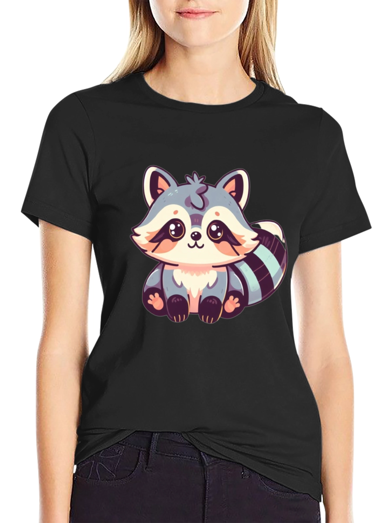 Cute Raccoon Graphic Print Black T-Shirt