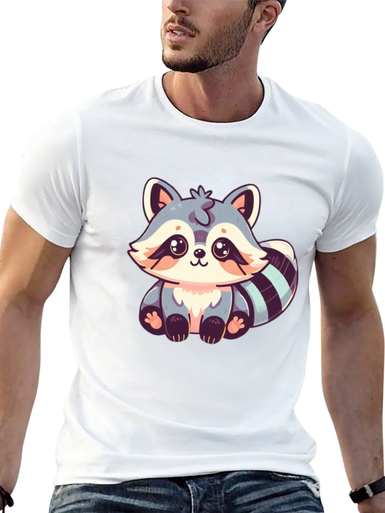 Cute Raccoon Graphic Print Black T-Shirt