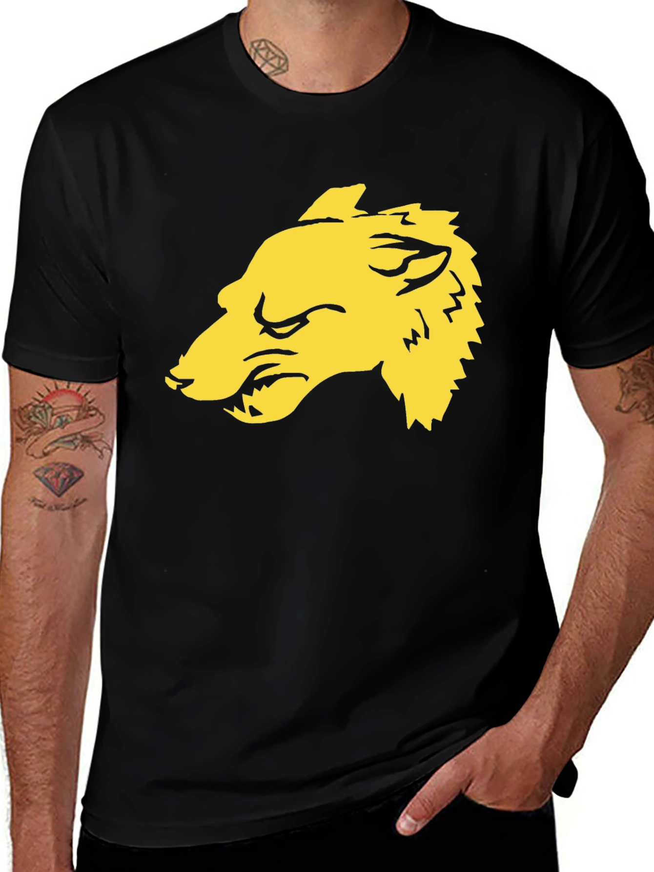 Black T-Shirt with Bold Yellow Lion Graphic