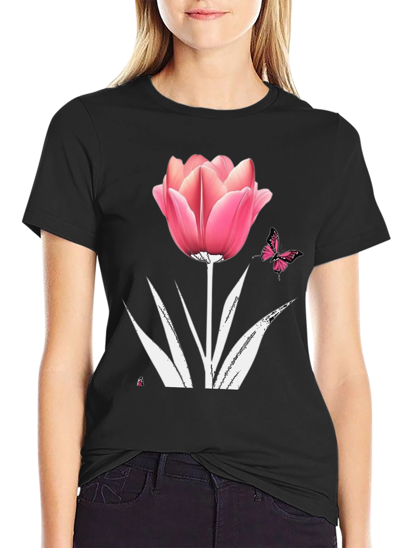 Floral Tulip Butterfly Graphic T-Shirt