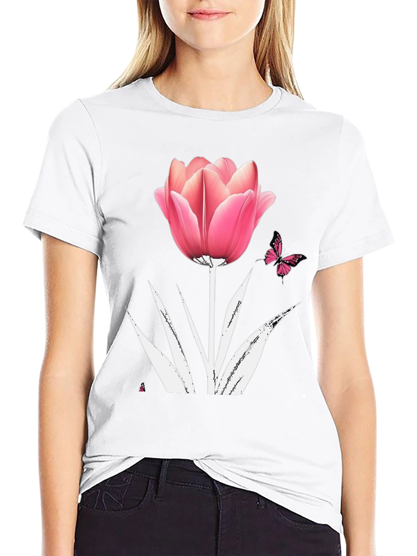 Floral Tulip Butterfly Graphic T-Shirt