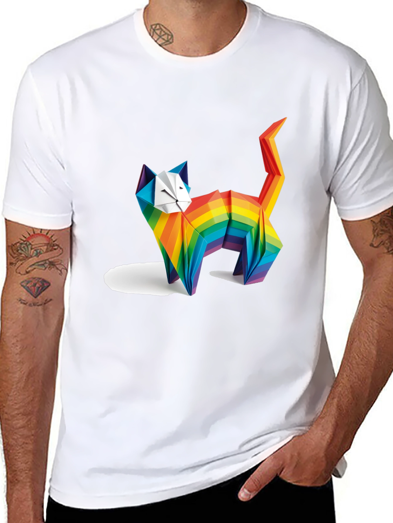 Rainbow Origami Cat Graphic T-Shirt