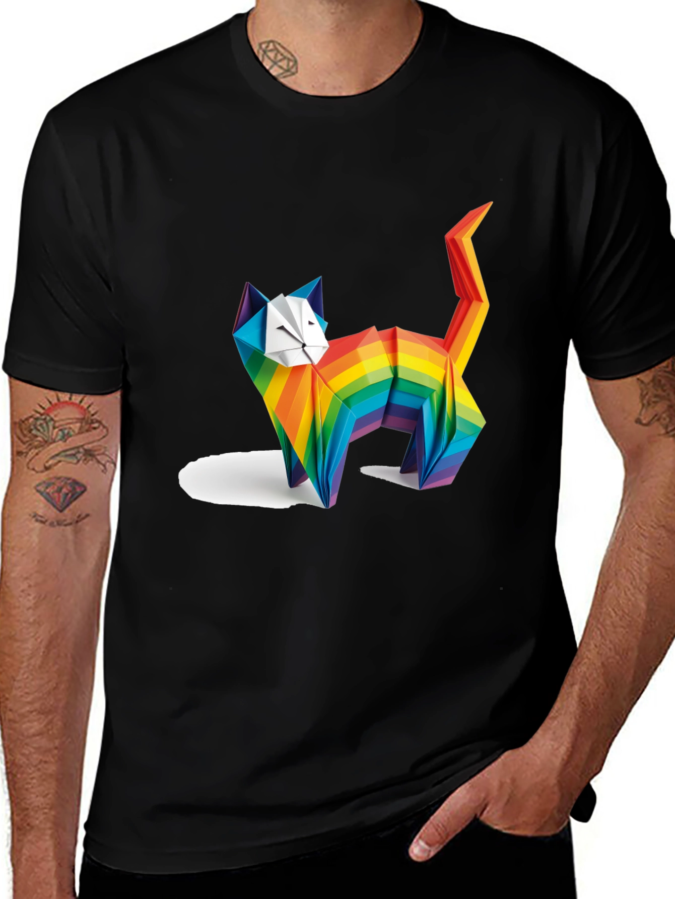 Rainbow Origami Cat Graphic T-Shirt