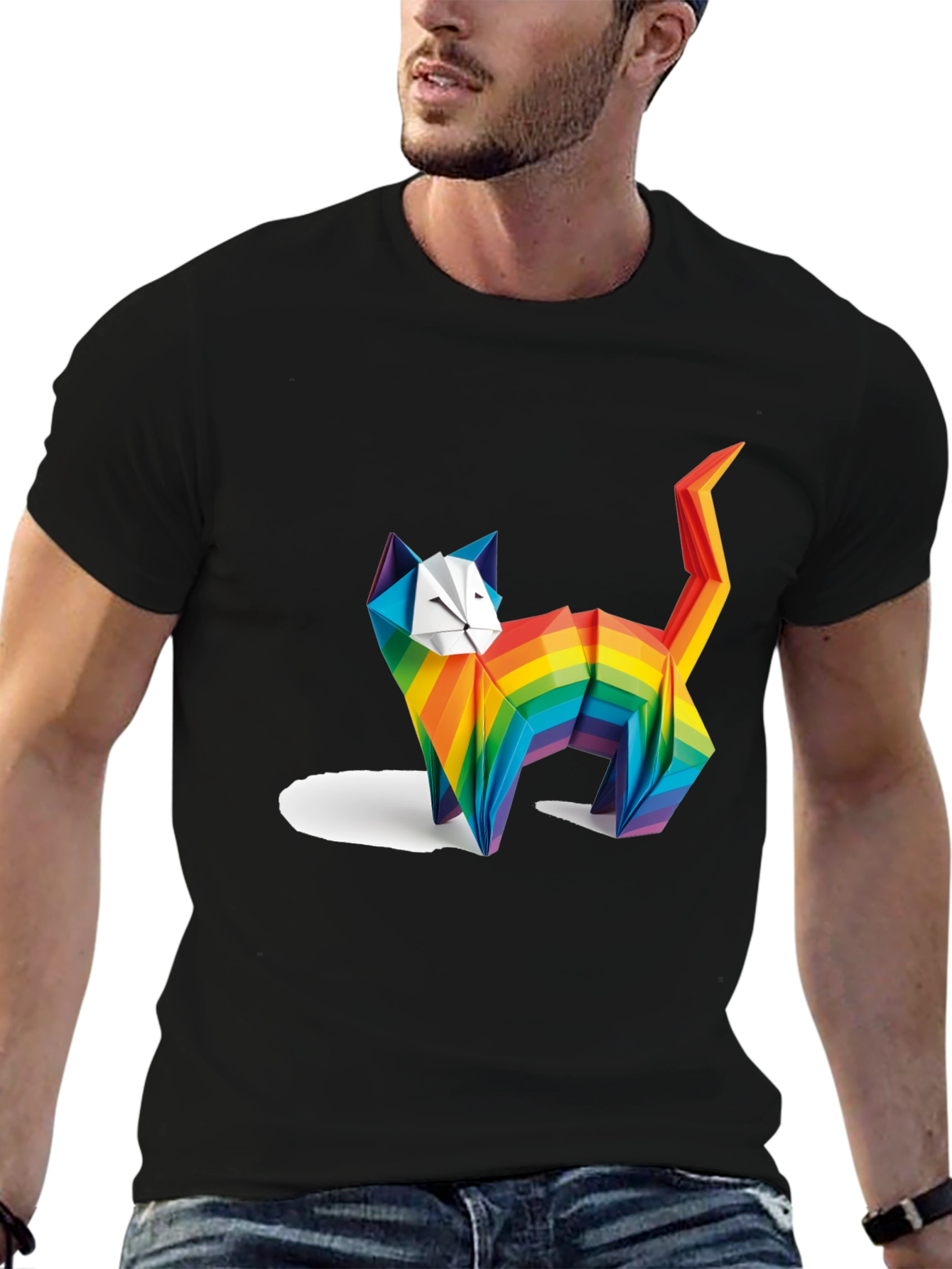 Rainbow Origami Cat Graphic T-Shirt
